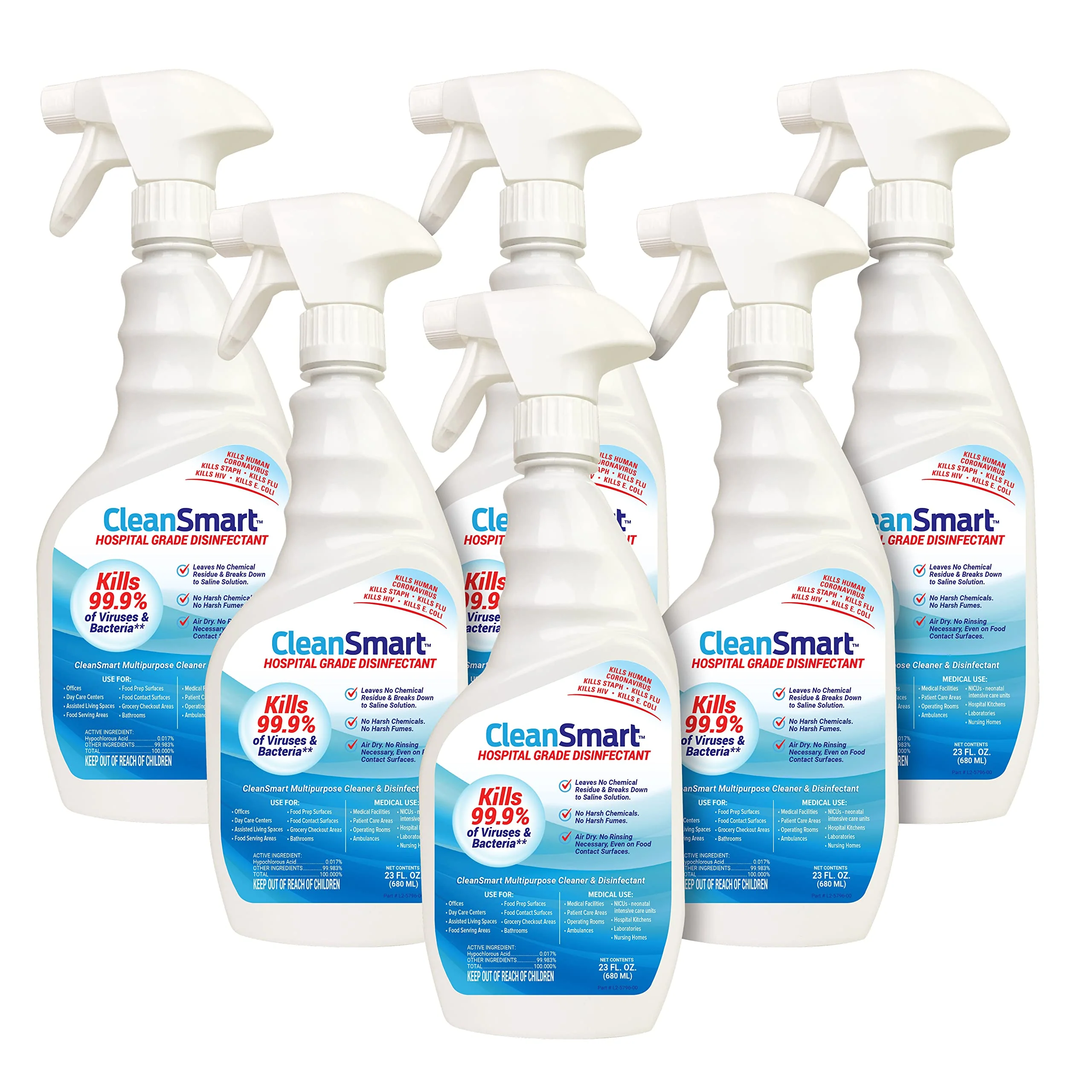 CleanSmart Hospital Disinfectant, Kills 99.9% of Viruses and Bacteria, Hypochlorous Acid Technology, EPA Registered, 23 oz, (Pack of 6) (HOCL)