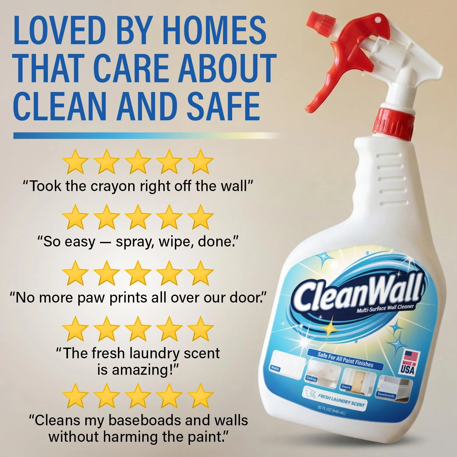 CleanWall Wall, Door & Baseboard Cleaner Spray – 32 oz Multi-Surface Formula Safe for Painted Walls – Made in USA – Family-Friendly – Tackles Everyday Kid Messes like Handprints, Smudges & Crayon - Image 3
