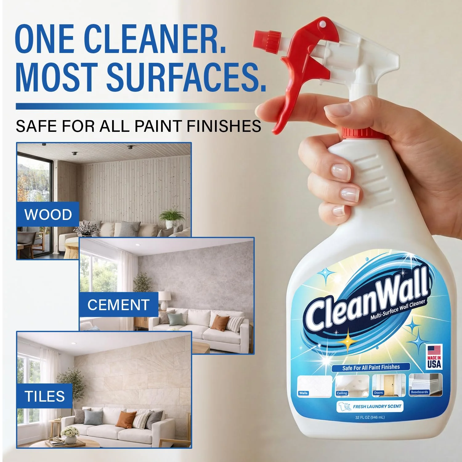 CleanWall Wall, Door & Baseboard Cleaner Spray – 32 oz Multi-Surface Formula Safe for Painted Walls – Made in USA – Family-Friendly – Tackles Everyday Kid Messes like Handprints, Smudges & Crayon - Image 6