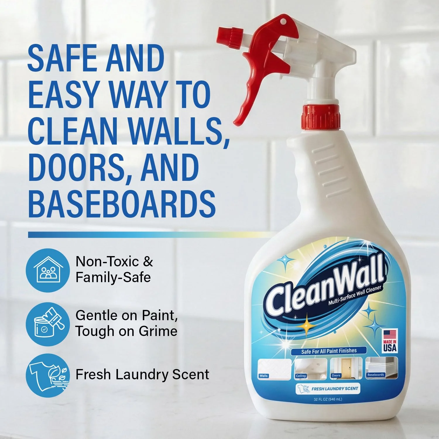 CleanWall Wall, Door & Baseboard Cleaner Spray – 32 oz Multi-Surface Formula Safe for Painted Walls – Made in USA – Family-Friendly – Tackles Everyday Kid Messes like Handprints, Smudges & Crayon - Image 8