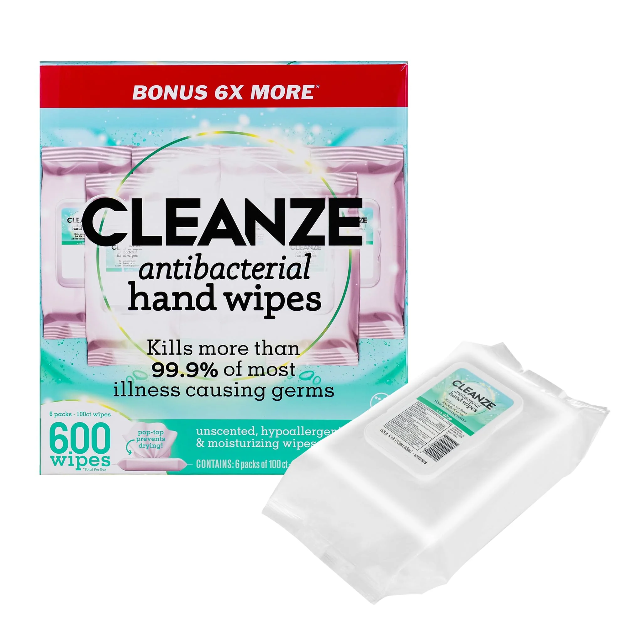 Cleanze Antibacterial Hand Sanitizing Wipes | Hand Wipe Packets, 6 Packs - 100 Ct Hand Wipes, Unscented Disinfecting Travel Hand Sanitizer Wipes with Aloe | Kill 99.9% of Germs