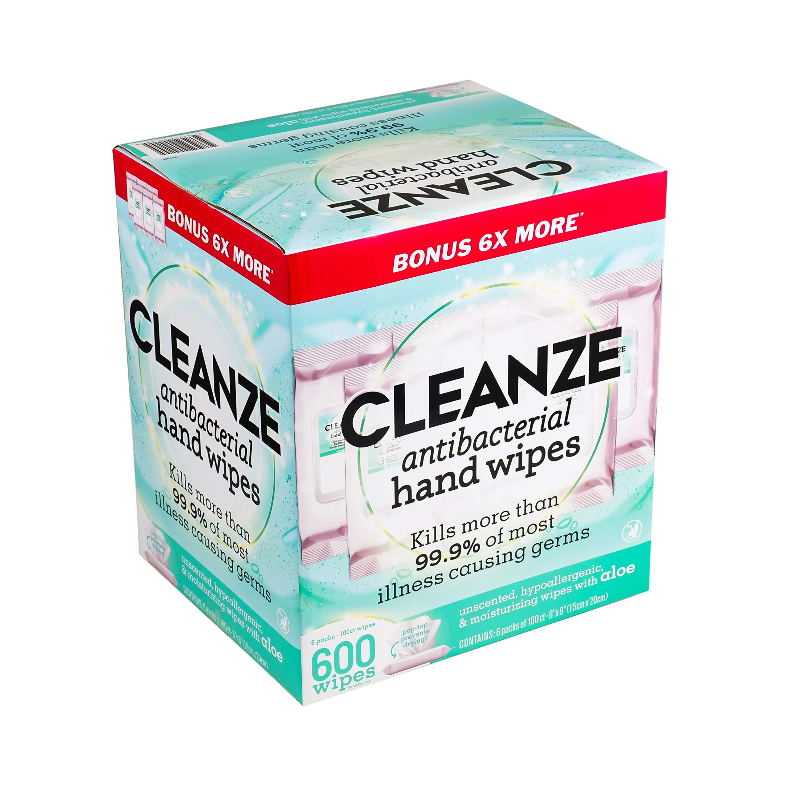 Cleanze Antibacterial Hand Sanitizing Wipes | Hand Wipe Packets, 6 Packs - 100 Ct Hand Wipes, Unscented Disinfecting Travel Hand Sanitizer Wipes with Aloe | Kill 99.9% of Germs - Image 2