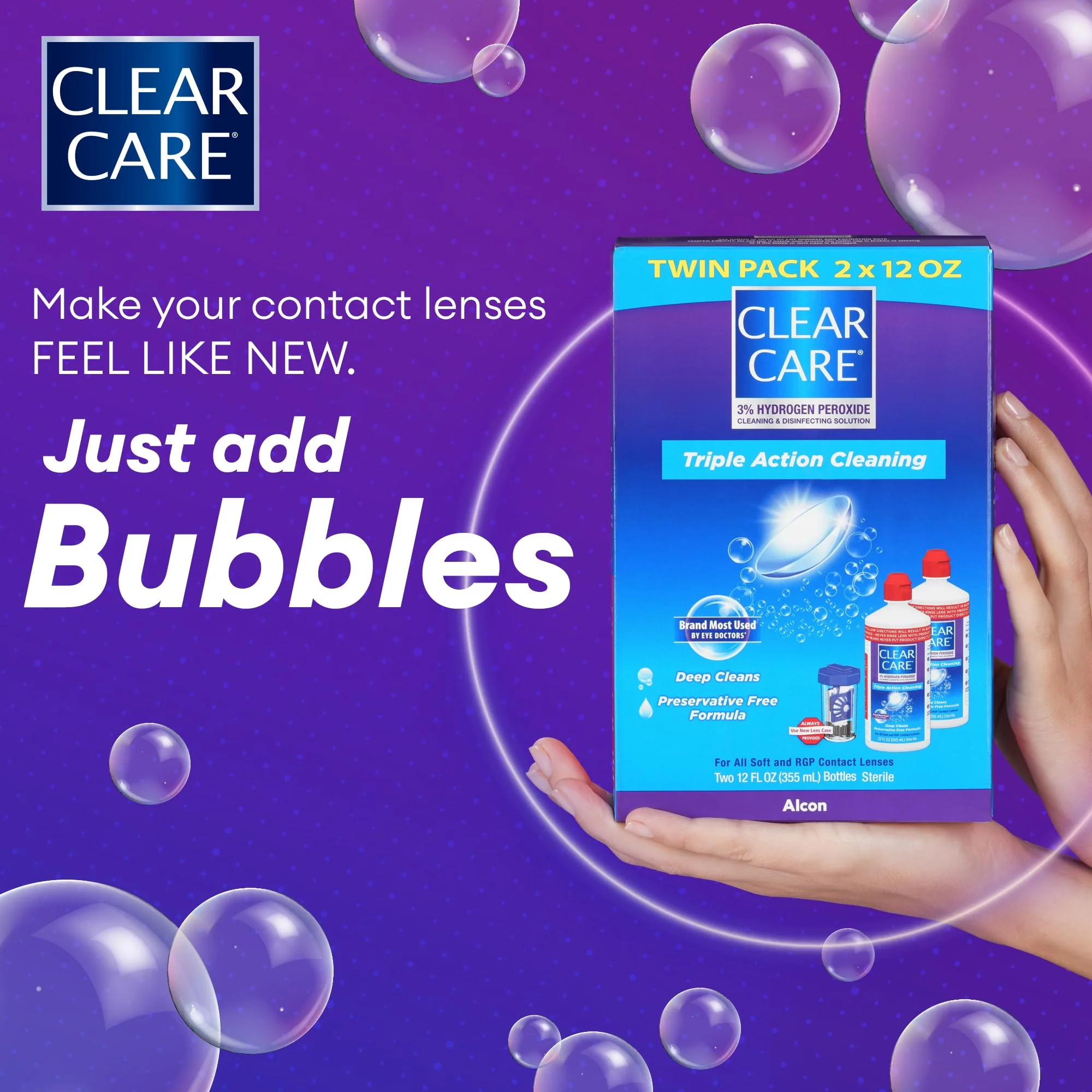 CLEAR CARE Cleaning & Disinfecting Contact Lens Solution, 12 fl oz, Twin Pack, For Soft & RGP Lenses, No Rubbing, Preservative-Free, Included Lens Case, Deep Cleans and Removes Deposits - Image 2