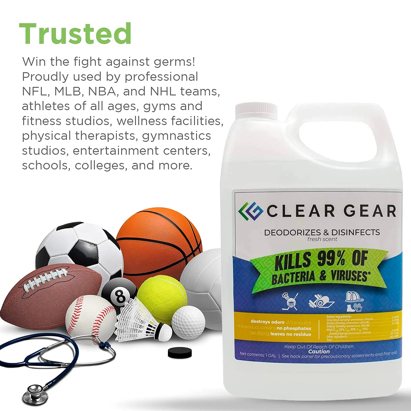 Clear Gear - Disinfectant, Cleaner, and Deodorizer for Sports Equipment, Gyms, and Fitness Centers - EPA-Registered, Hospital Grade, Made in USA - 1 Gallon Bottle - Image 3