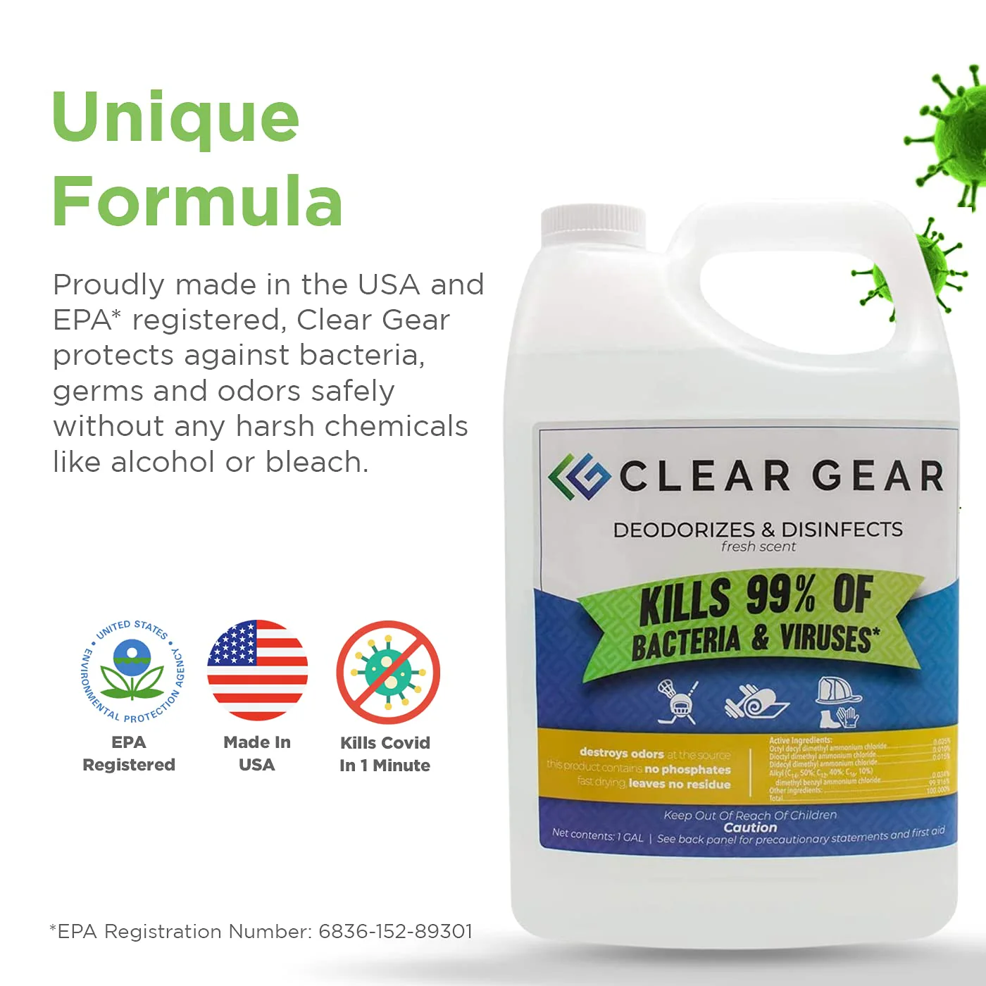 Clear Gear - Disinfectant, Cleaner, and Deodorizer for Sports Equipment, Gyms, and Fitness Centers - EPA-Registered, Hospital Grade, Made in USA - 1 Gallon Bottle - Image 6