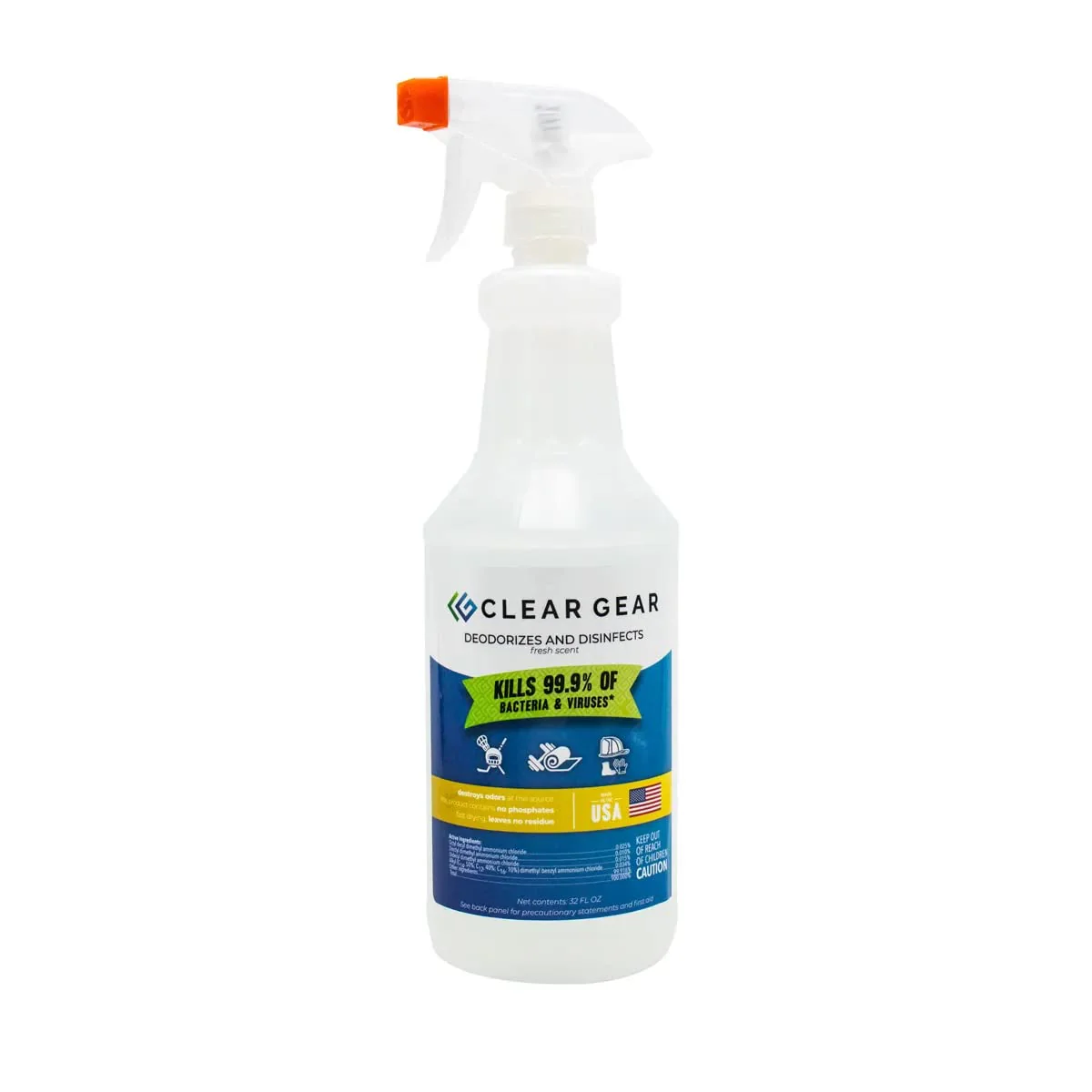 Clear Gear Disinfectant Cleaner, and Deodorizer For Sports Equipment, Gyms, and Fitness Centers - EPA-Registered, Hospital Grade, Made in USA - 1-Pack of 32 Oz Bottle Disinfecting Spray
