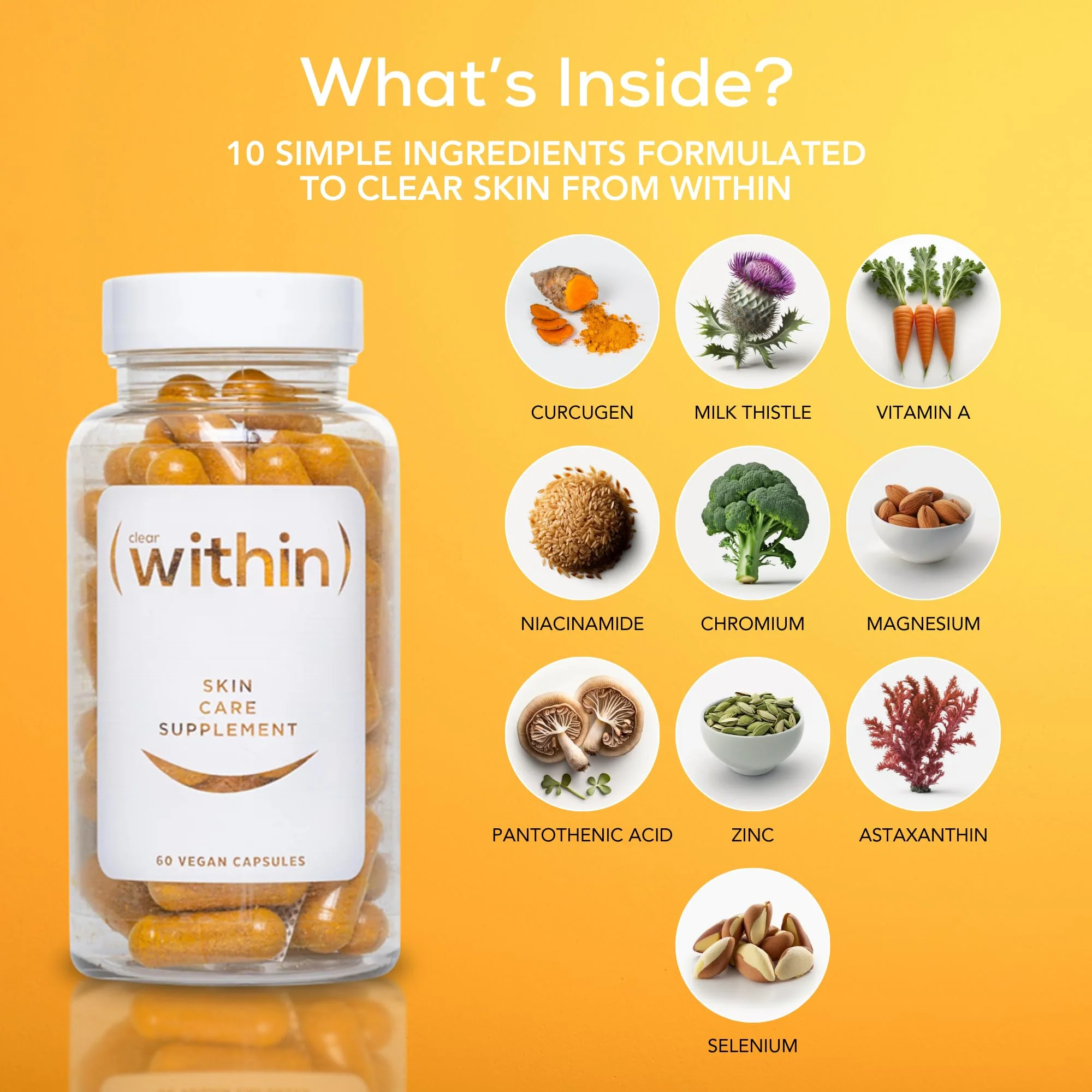 Clear Within Clear Skin Vitamin - with 10 Natural Ingredients for Acne-Free, Clearer Complexion, Oil Control & Blemish Minimization. Supports Skin Clarity | Non-Synthetic 60 Cap/Bottle - Image 6