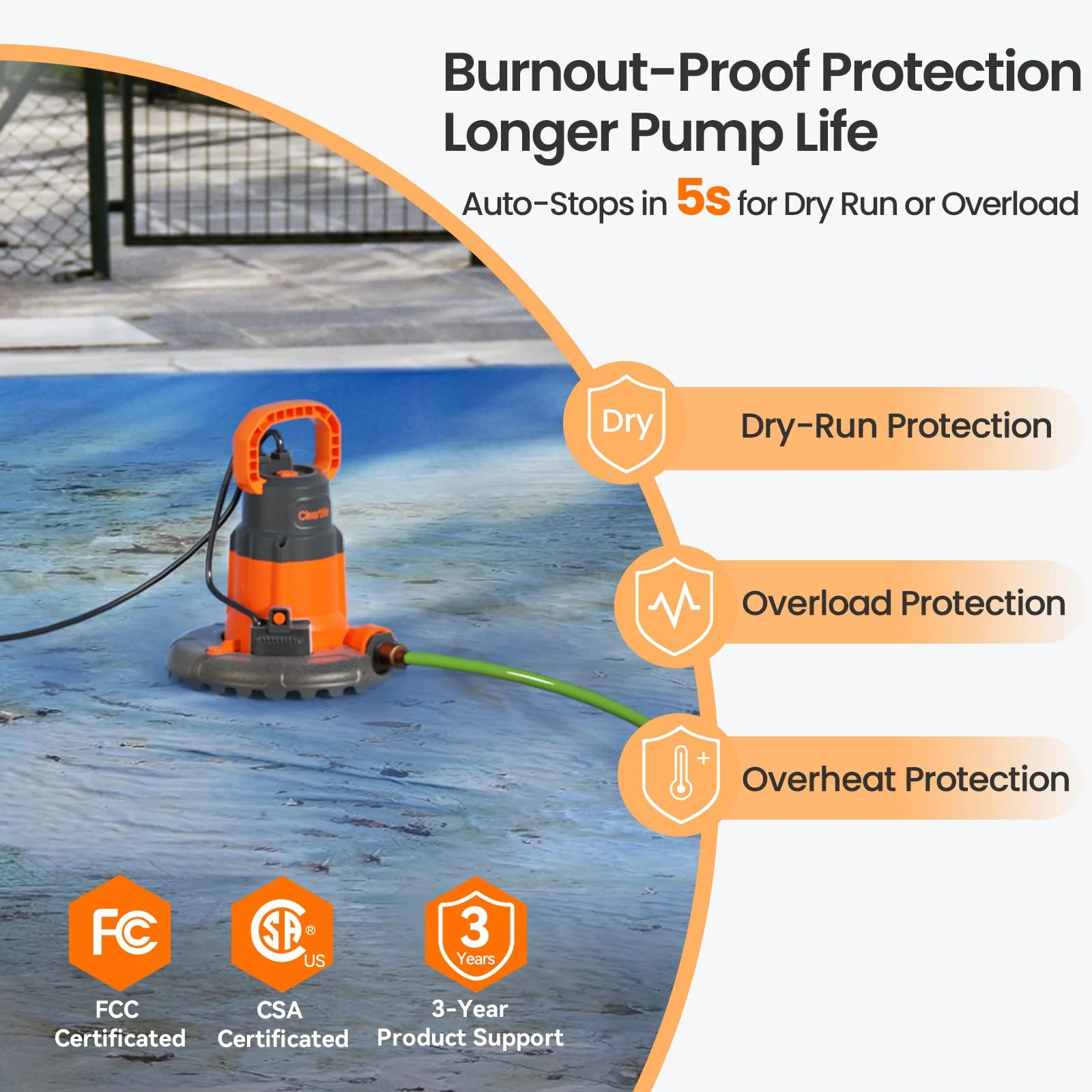 Cleartide Smart Automatic Pool Cover Pump, 1/4 HP 2160 GPH with Auto On/Off & Freeze Protection, Pump for Inground/Above Ground Winter Pool Covers, Dual Mode, 25ft Cord, 120V AC - Image 5