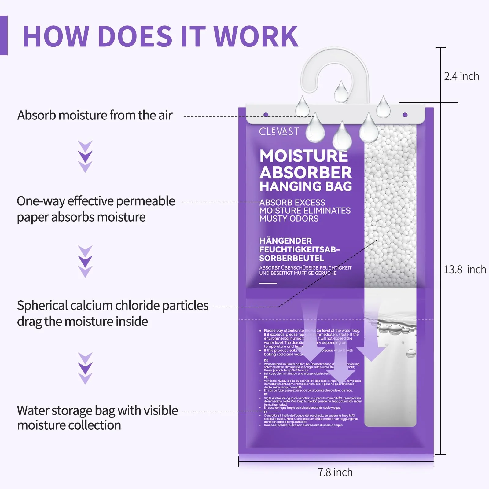 CLEVAST Moisture Absorbers Packets - 15.2 OZ, 6 Pack Large Dehumidifier Bags for Closet, Hanging Humidity Absorber in Wardrobes, Bedrooms, Bathrooms - Lavender Scented - Image 6