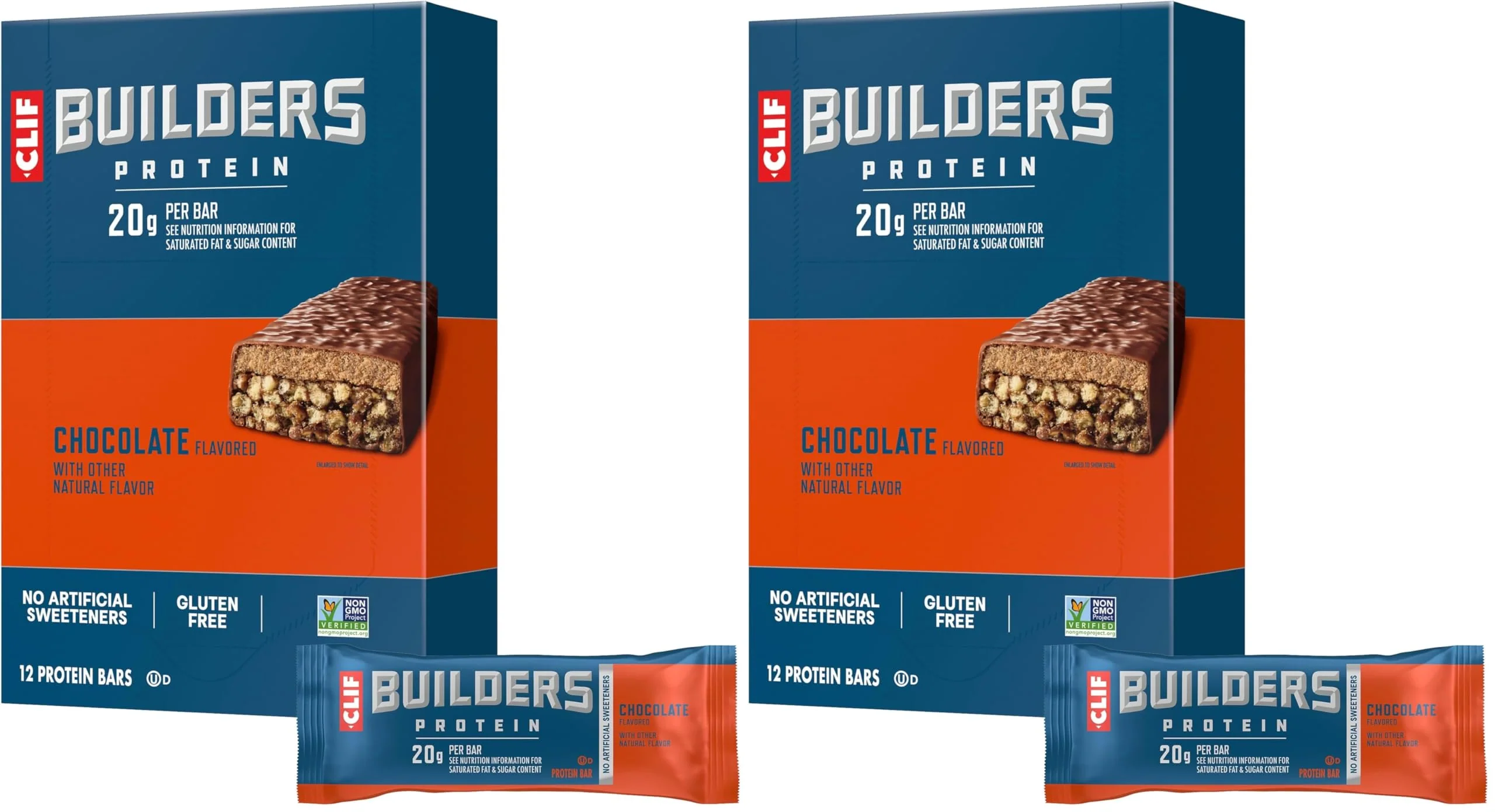 CLIF Builders - Chocolate Flavor - Protein Bars - Gluten-Free - Non-GMO - Low Glycemic - 20g Protein - 2.4 oz. (12 Count) (Pack of 2)