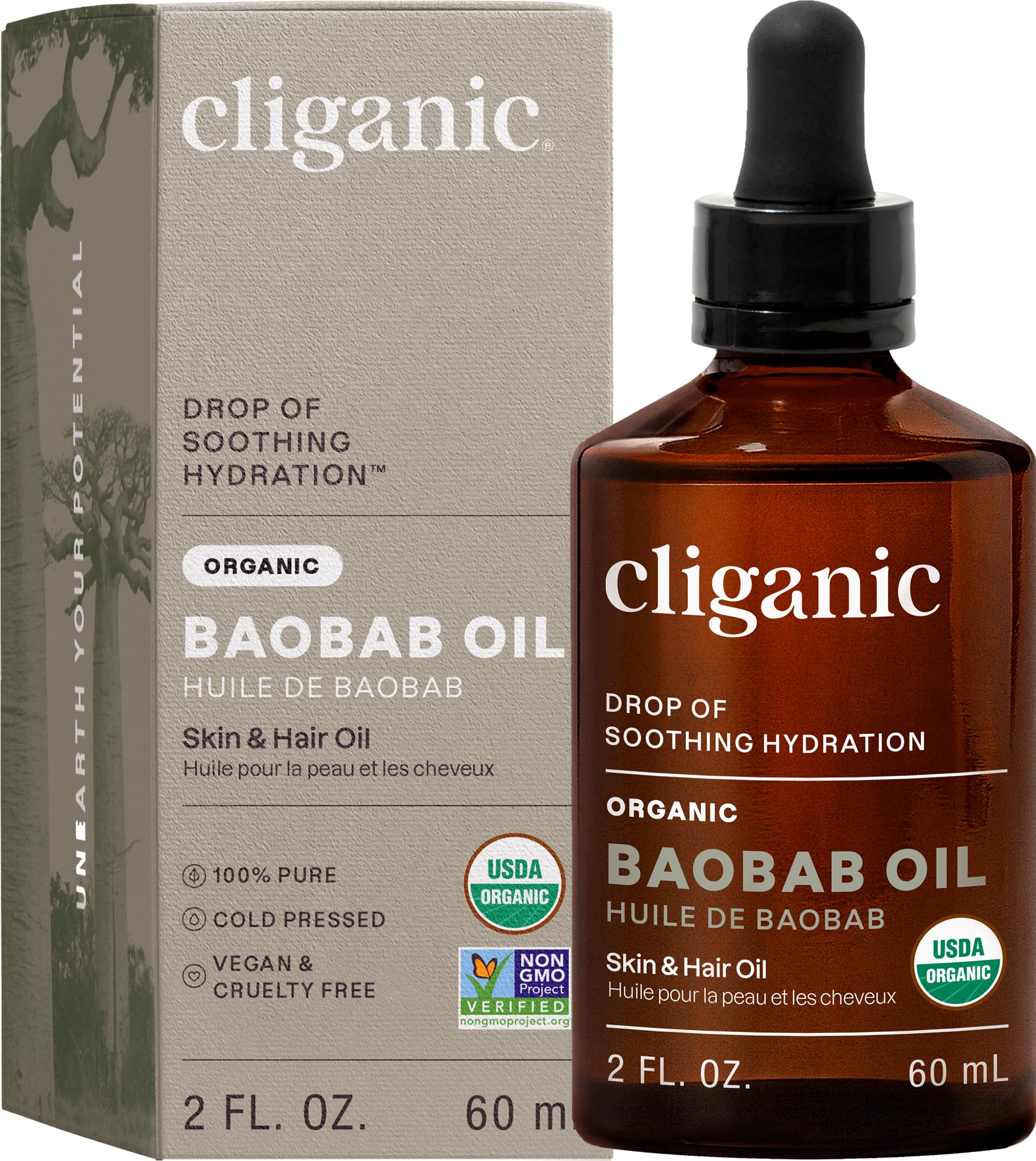 Cliganic Organic Baobab Oil, 100% Pure - For Face & Hair | Natural Cold Pressed Unrefined