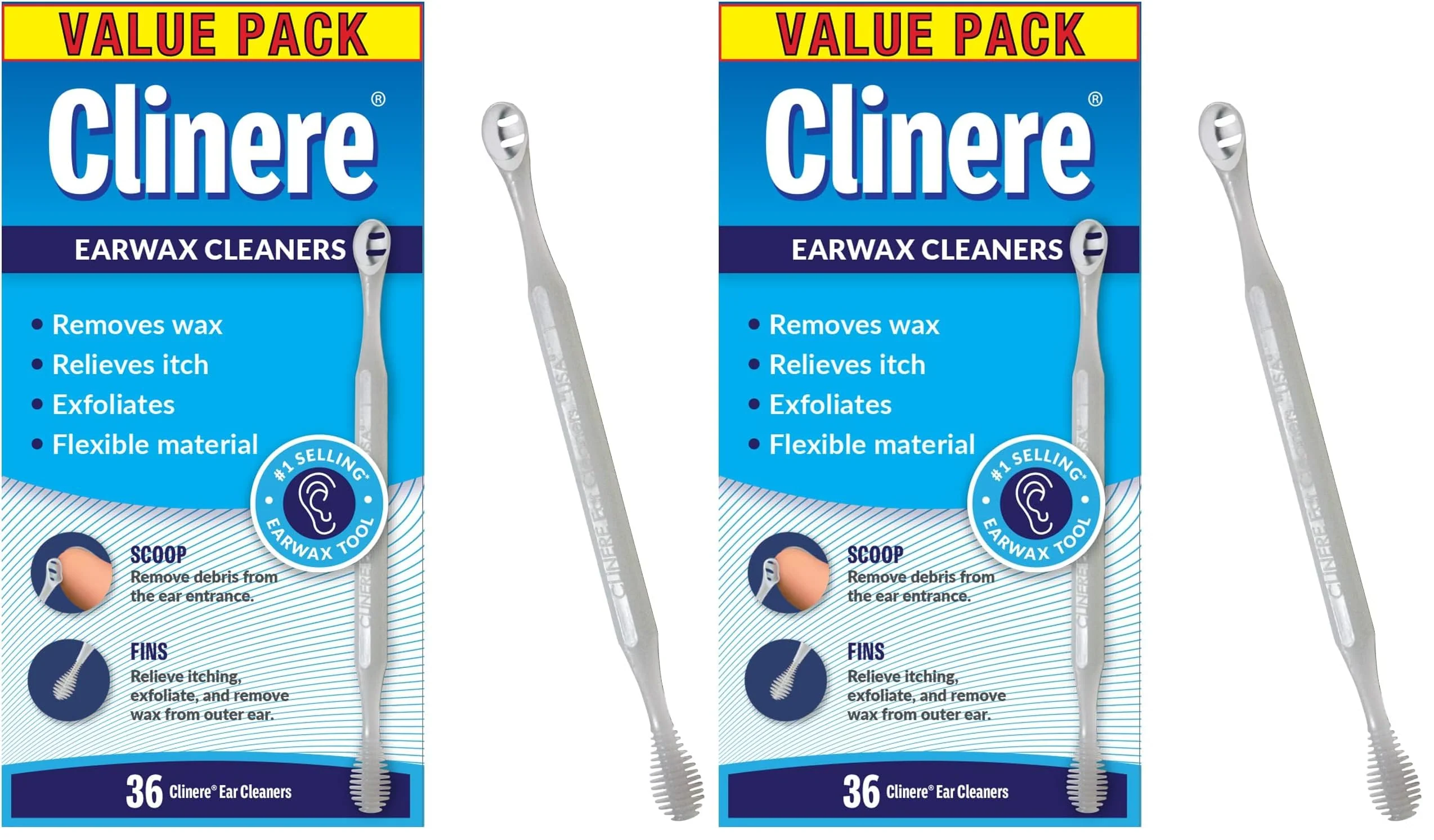 Clinere Ear Cleaners, Gentle Canal Cleaning and Ear Wax Removal Tool, Itch Relief, Exfoliates, 36 Count (Pack of 2)