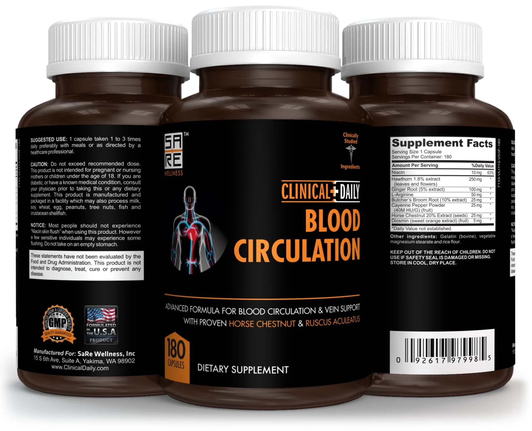 Clinical Daily Blood Circulation Supplements. Butchers Broom, Horse Chestnut, Hawthorn, Cayenne, Arginine, Diosmin Varicose Veins Treatment for Legs. Poor Circulation and Vein Support. 180 Capsules. - Image 6