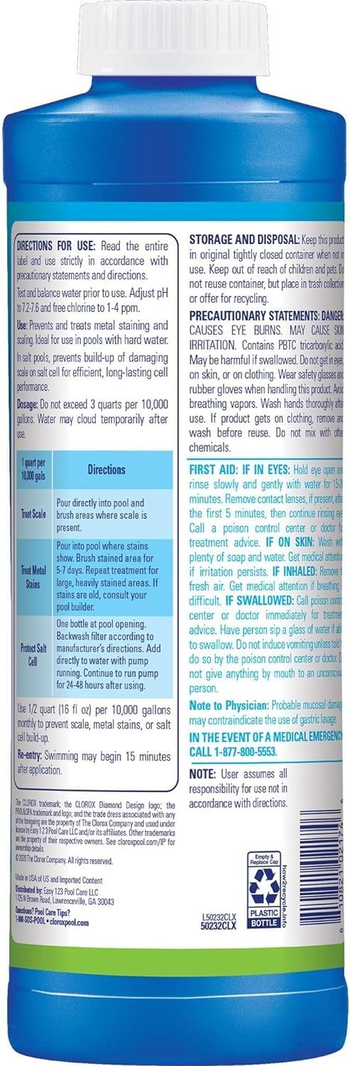 Clorox® Pool&Spa™ Swimming Pool Scale, Metal & Stain Control, Prevents Metal Stains and Scale Formation, Removes Metal Stains, 1 Quart (Pack of 1) - Image 9