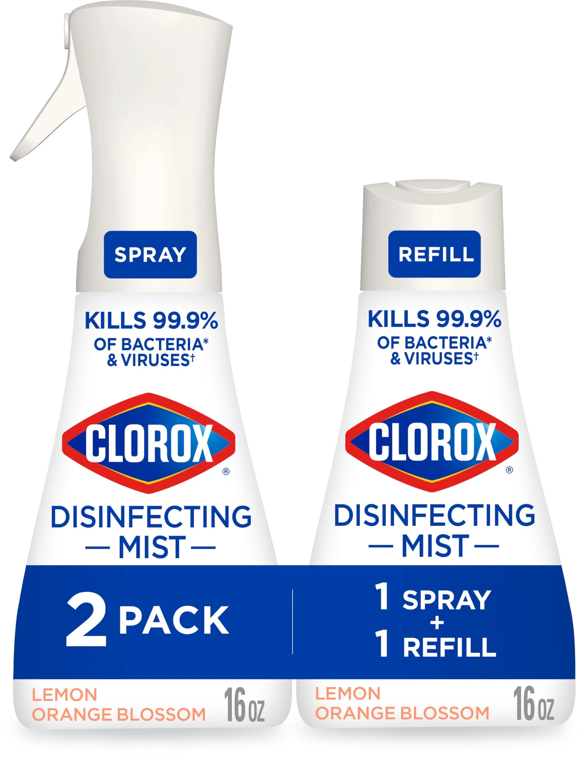 Clorox Disinfecting Mist, Lemon and Orange Blossom, 1 Spray and 1 Refill, 16 oz Each