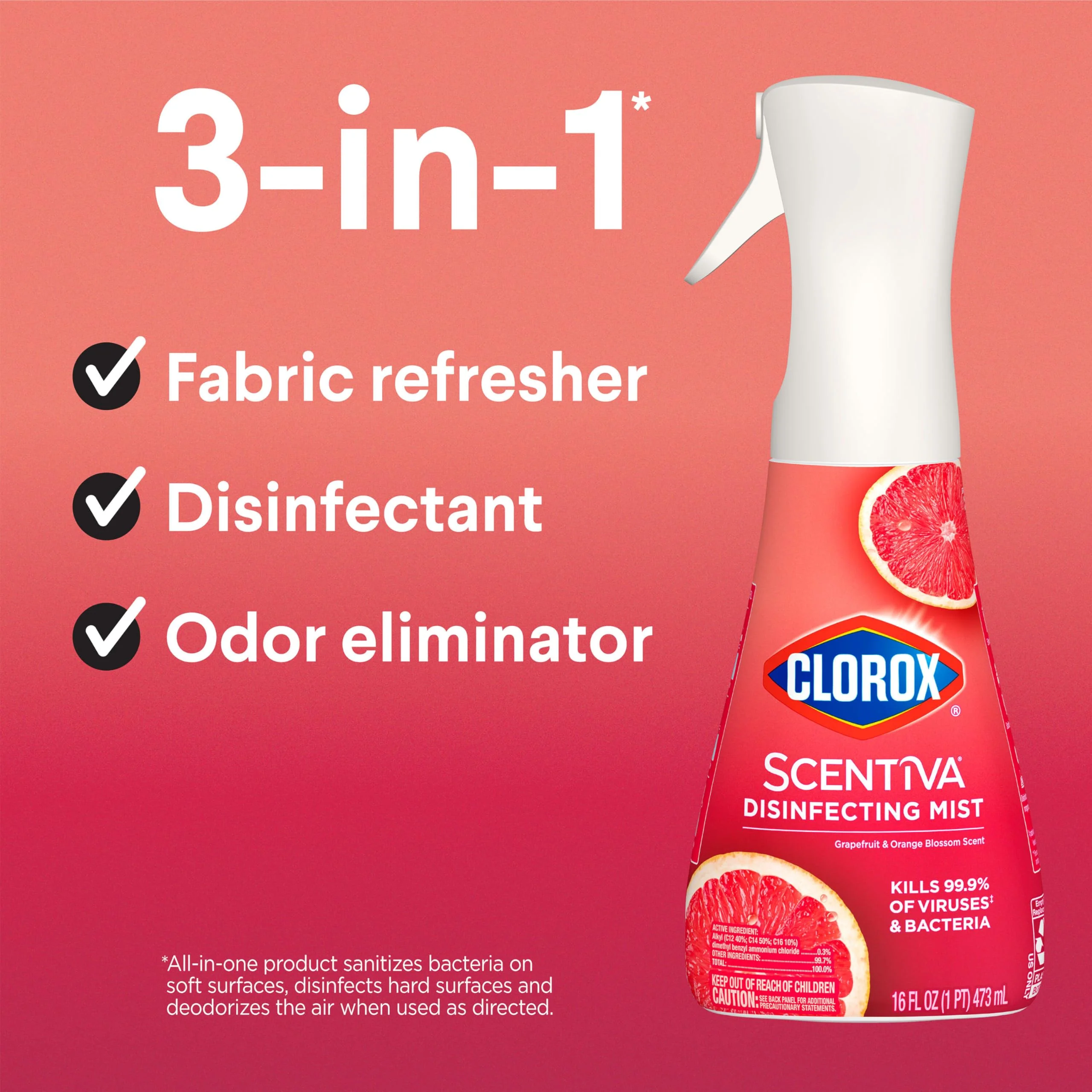 Clorox Scentiva Disinfecting Mist, Grapefruit and Orange Blossom, Refill, 16 Fl Oz Each, Pack of 3 - Image 8