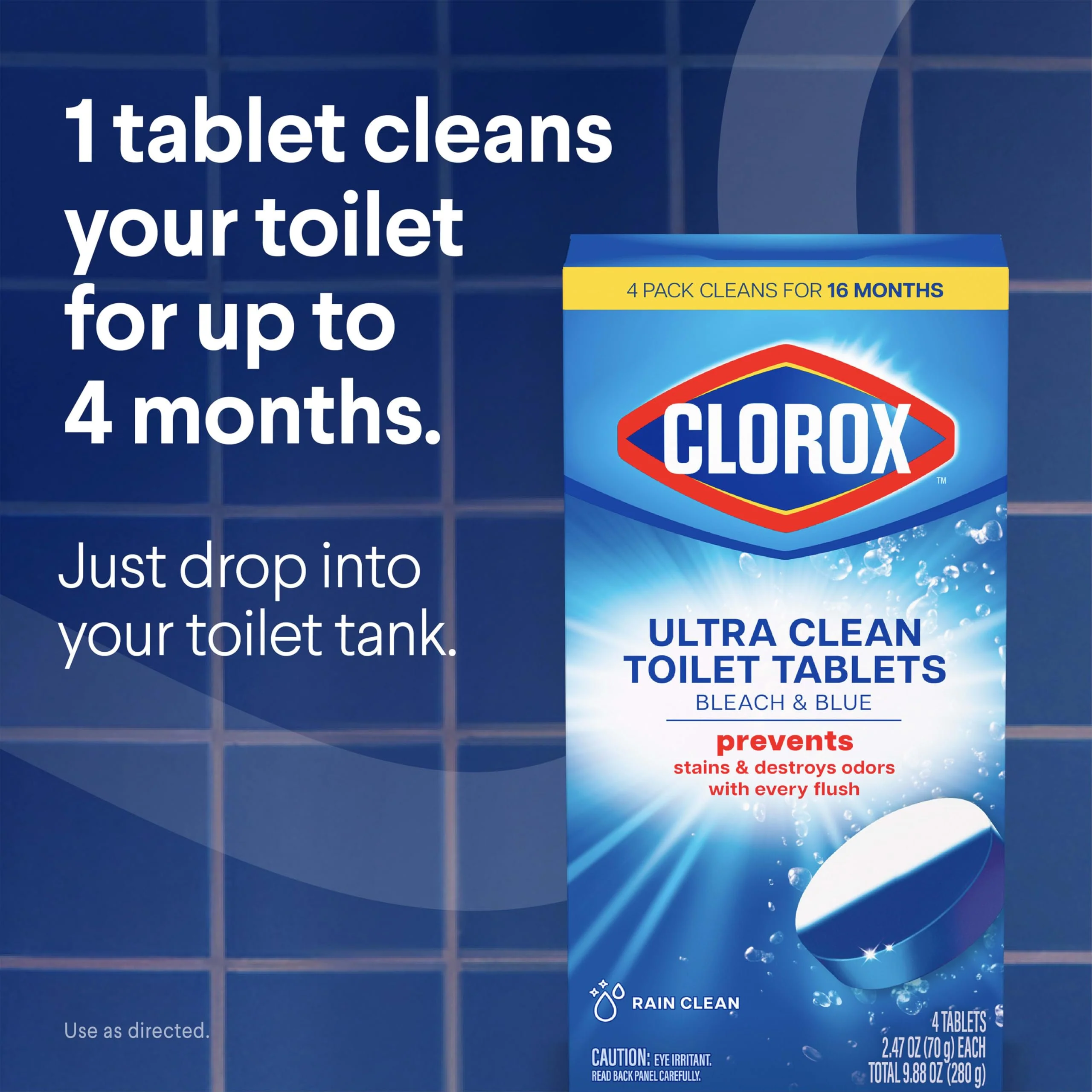 Clorox Ultra Clean Toilet Tablets Bleach & Blue, Rain Clean Scent, 2.47 Ounces Each, 4 Count (Package May Vary) - Image 4