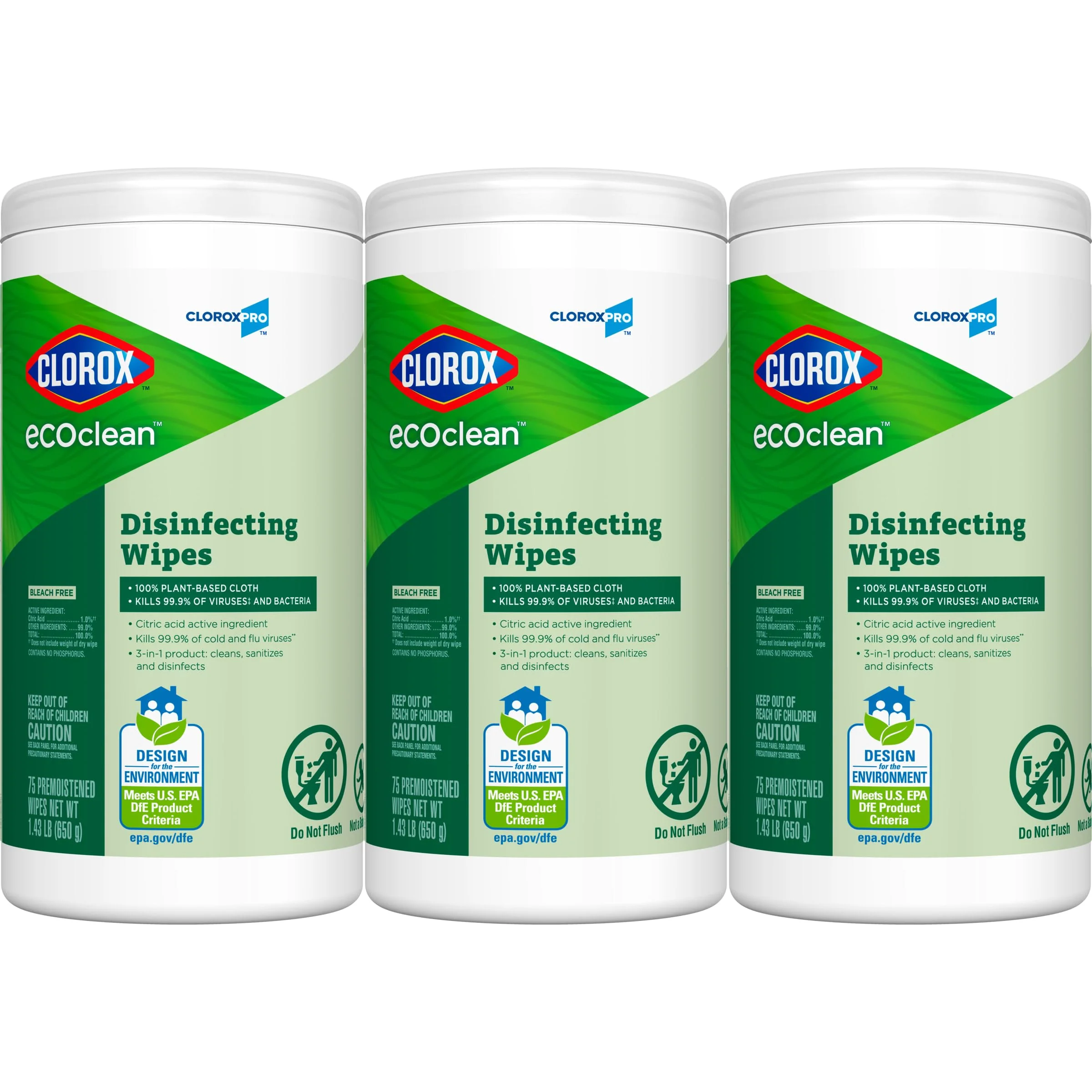 CloroxPro Clorox EcoClean Disinfecting Wipes, 75 Count, Pack of 3
