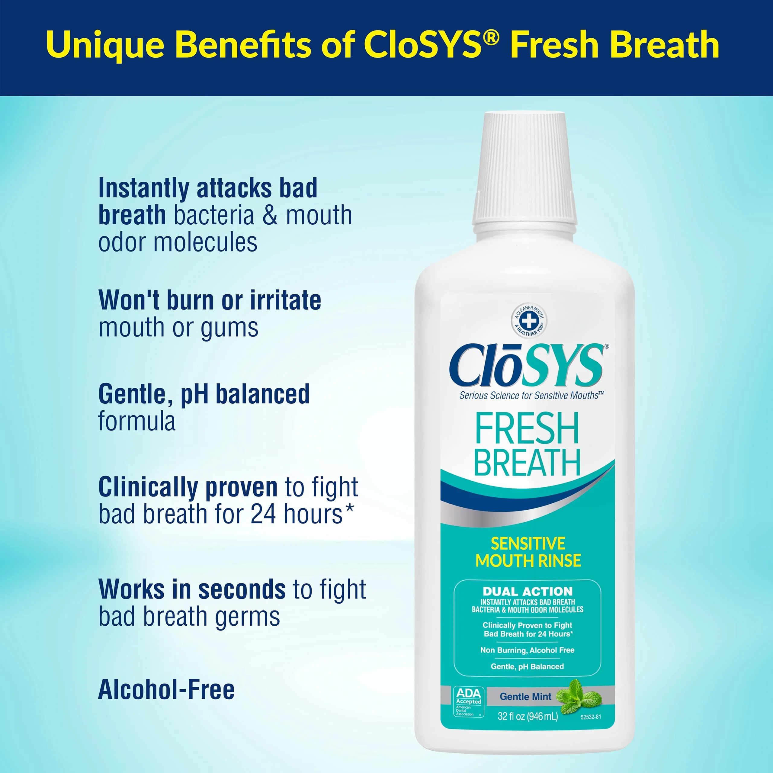 CloSYS Mouthwash, 32 Ounce, Fresh Breath Mouthwash, Gentle Mint, Alcohol Free, Dye Free, pH Balanced Mouth Wash, Helps Soothe Entire Mouth, Fights Bad Breath (Pack of 12) - Image 2