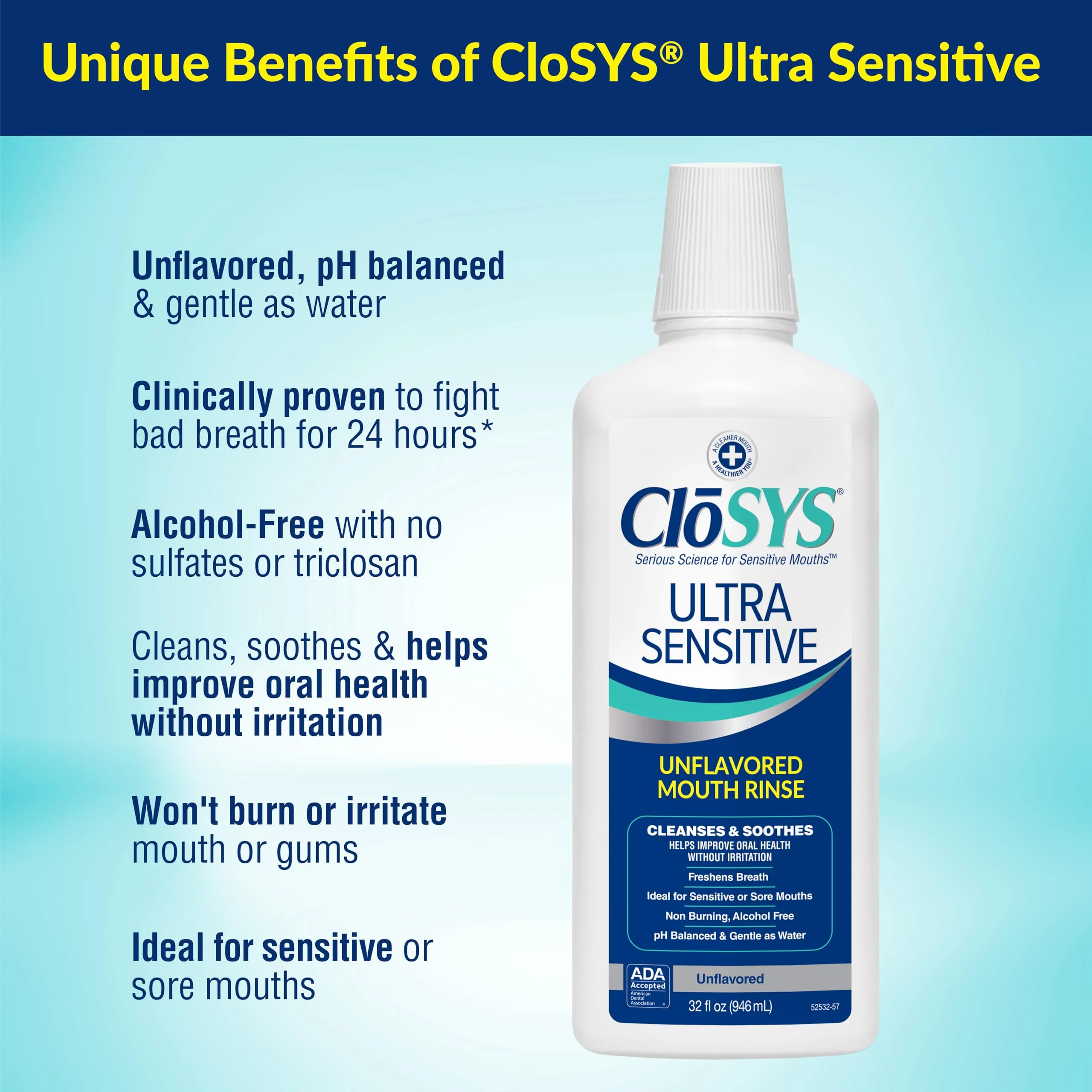 CloSYS Ultra Sensitive Mouthwash, 32 Oz, Alcohol Free Mouthwash, Unflavored Mouth Wash, Dye Free, pH Balanced, Helps Soothe Entire Mouth - Image 3