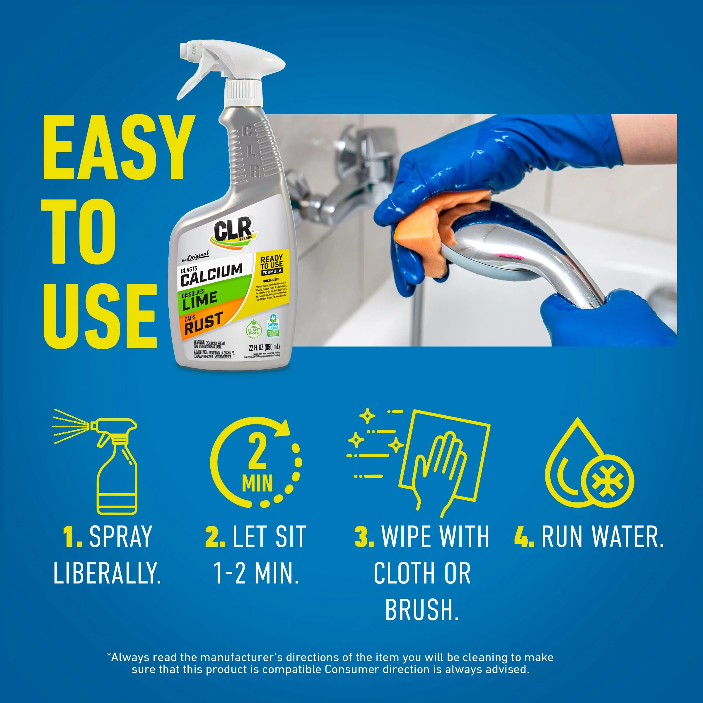 CLR Brands® Lime & Rust Remover, Blasts Calcium, Dissolves Lime, Zaps Stubborn Rust Stains and Hard Water, 22 Ounce Spray Bottle (Pack of 1) - Image 6