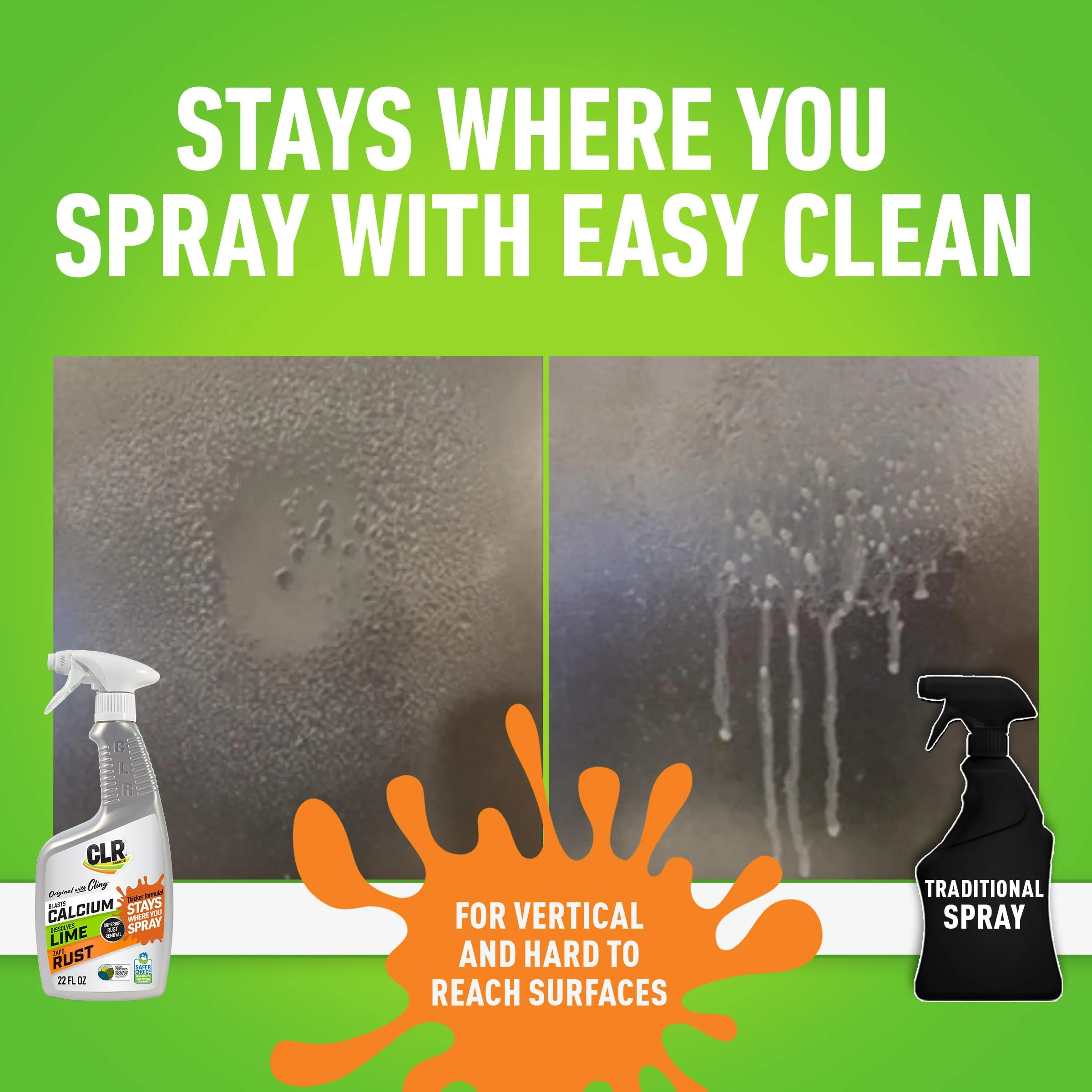 CLR Brands Calcium, Lime & Rust Remover with Cling, 22 oz. Spray Bottle, Adheres to Hard-to-Reach Surfaces, Blasts Calcium, Dissolves Lime Deposits, Zaps Stubborn Rust Stains and Hard Water Deposits - Image 4