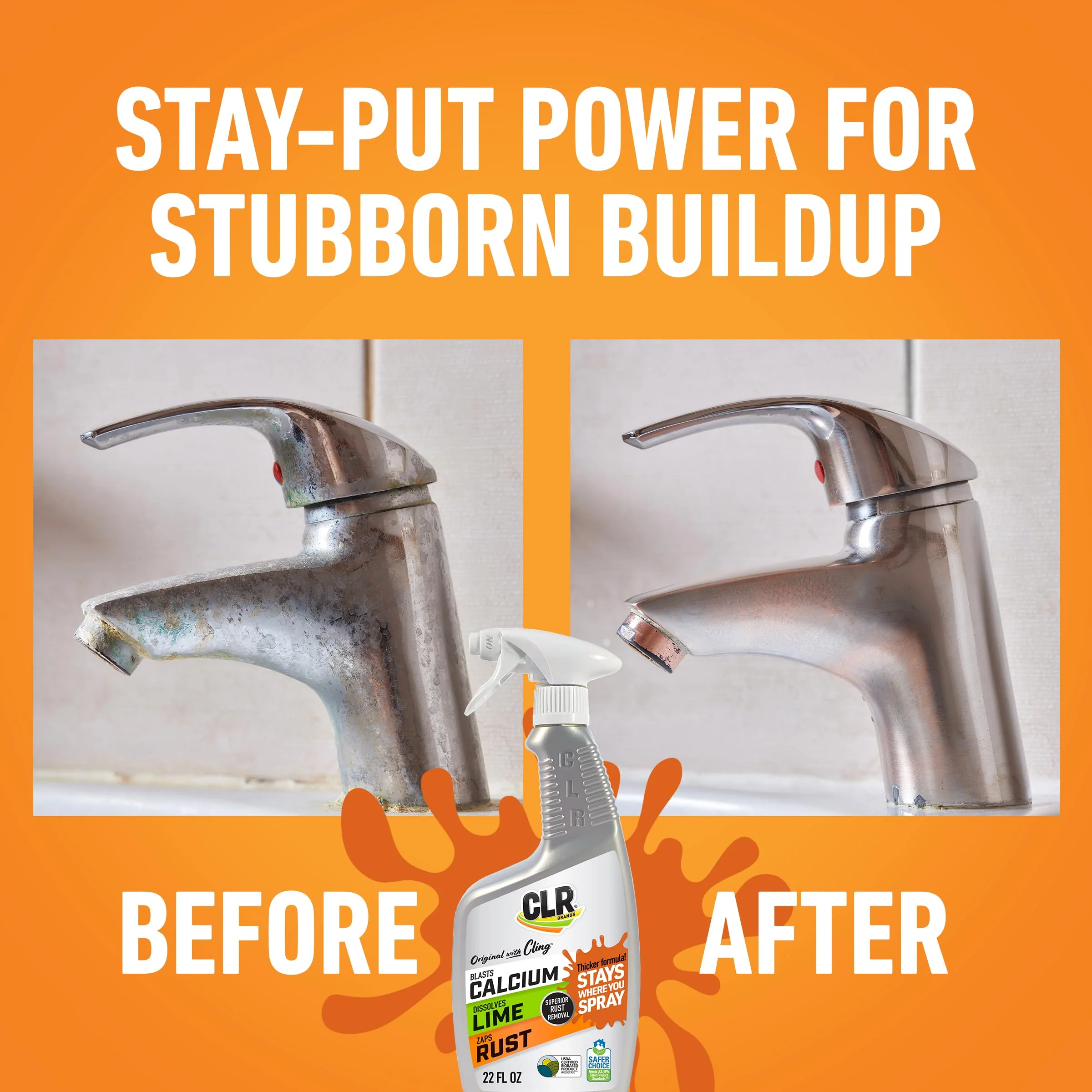 CLR Brands Calcium, Lime & Rust Remover with Cling, 22 oz. Spray Bottle, Adheres to Hard-to-Reach Surfaces, Blasts Calcium, Dissolves Lime Deposits, Zaps Stubborn Rust Stains and Hard Water Deposits - Image 6