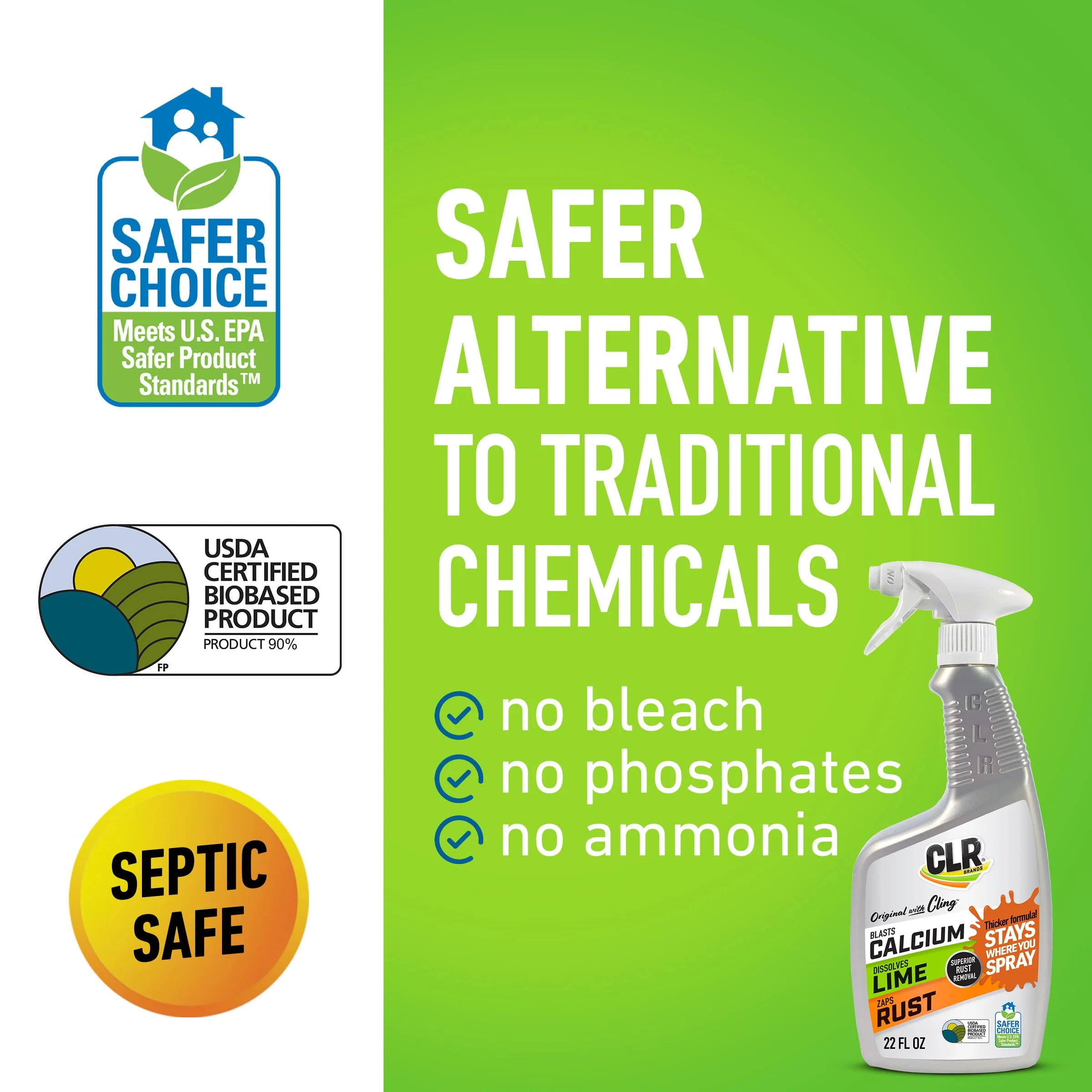 CLR Brands Calcium, Lime & Rust Remover with Cling, 22 oz. Spray Bottle, Adheres to Hard-to-Reach Surfaces, Blasts Calcium, Dissolves Lime Deposits, Zaps Stubborn Rust Stains and Hard Water Deposits - Image 8