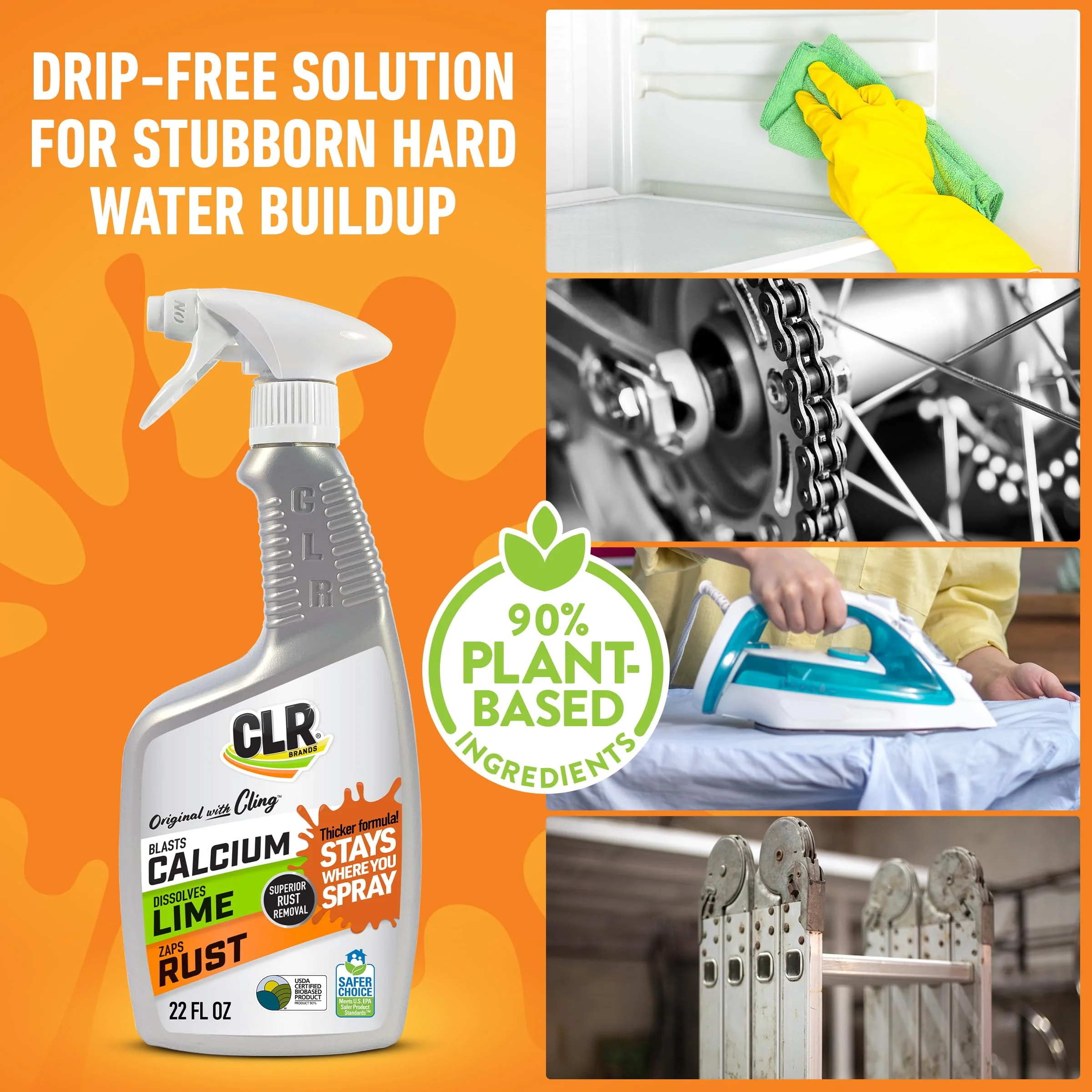 CLR Brands Calcium, Lime & Rust Remover with Cling, 22 oz. Spray Bottle, Adheres to Hard-to-Reach Surfaces, Blasts Calcium, Dissolves Lime Deposits, Zaps Stubborn Rust Stains and Hard Water Deposits - Image 9