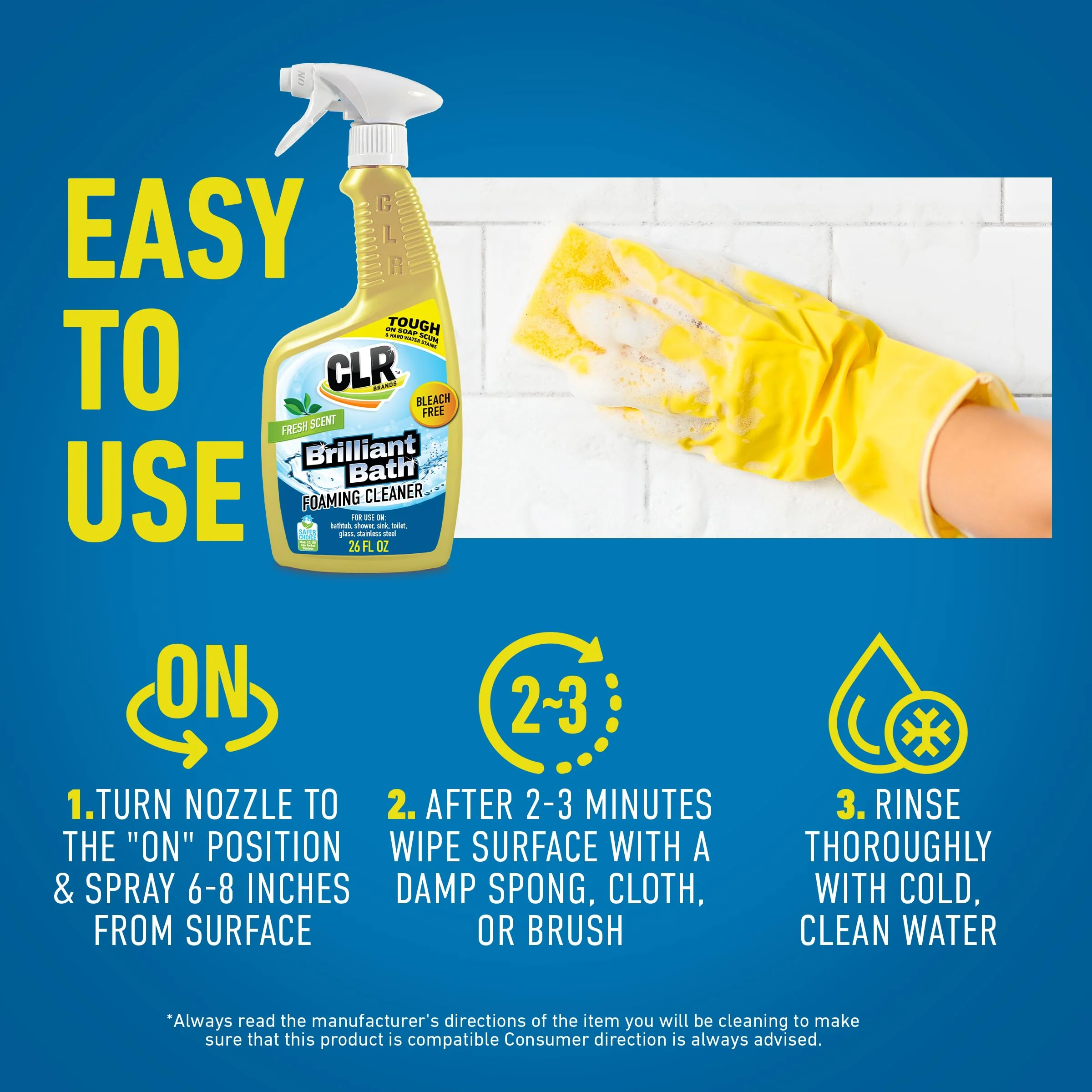 CLR Brilliant Bath Foaming Bathroom Cleaner Spray - Dissolves Calcium, Lime, and Soap Scum - Fresh Scent, 26 Ounce Bottle (Pack of 4) - Image 3