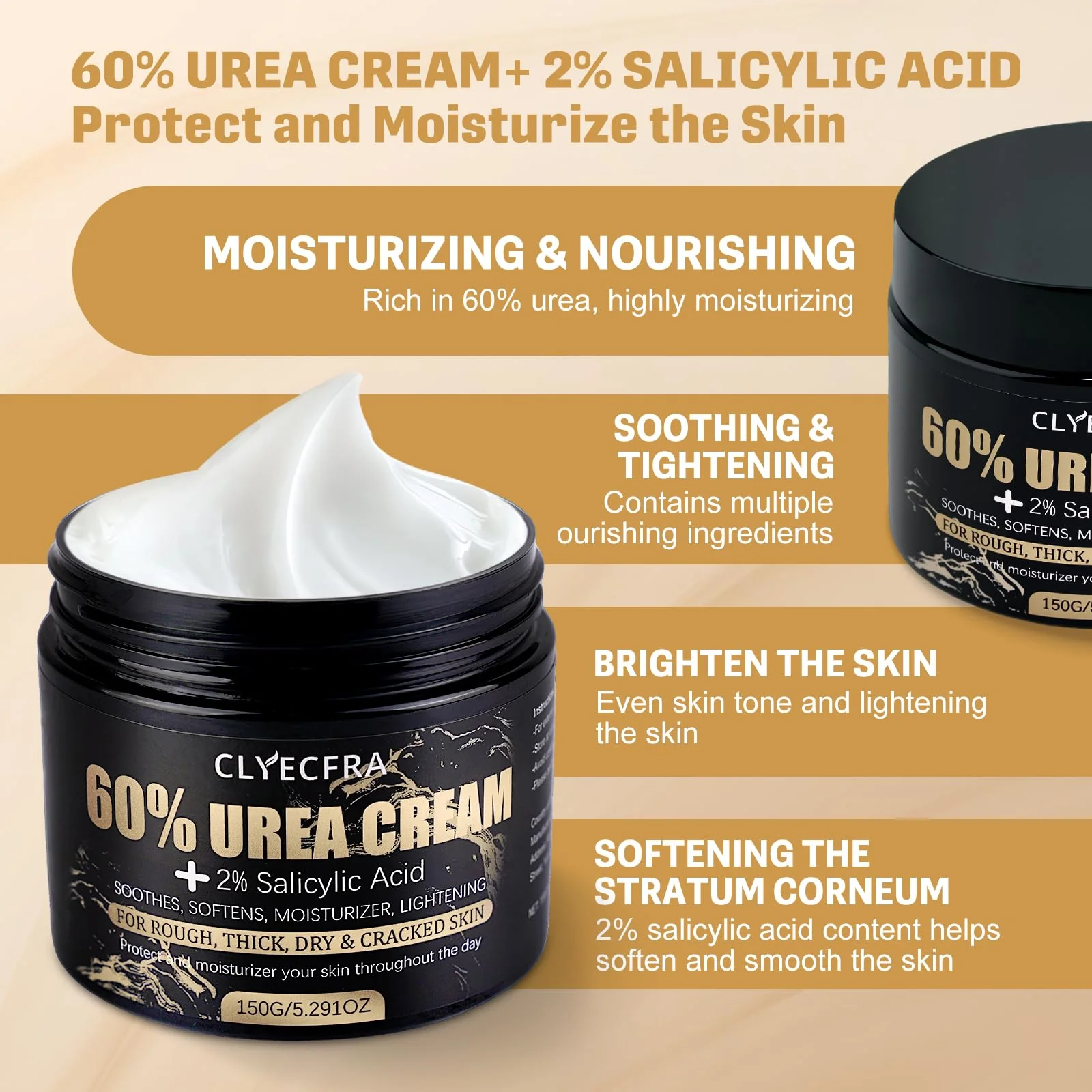 Clyecfra 60% Urea Cream with 2% Salicylic Acid, Urea Cream 60 Percent for Feet & Hands- Maximum Strength Moisturizer for Rough, Dry, Thick & Cracked Skin, Callus Remover, Deep Hydration, 150g - Image 6