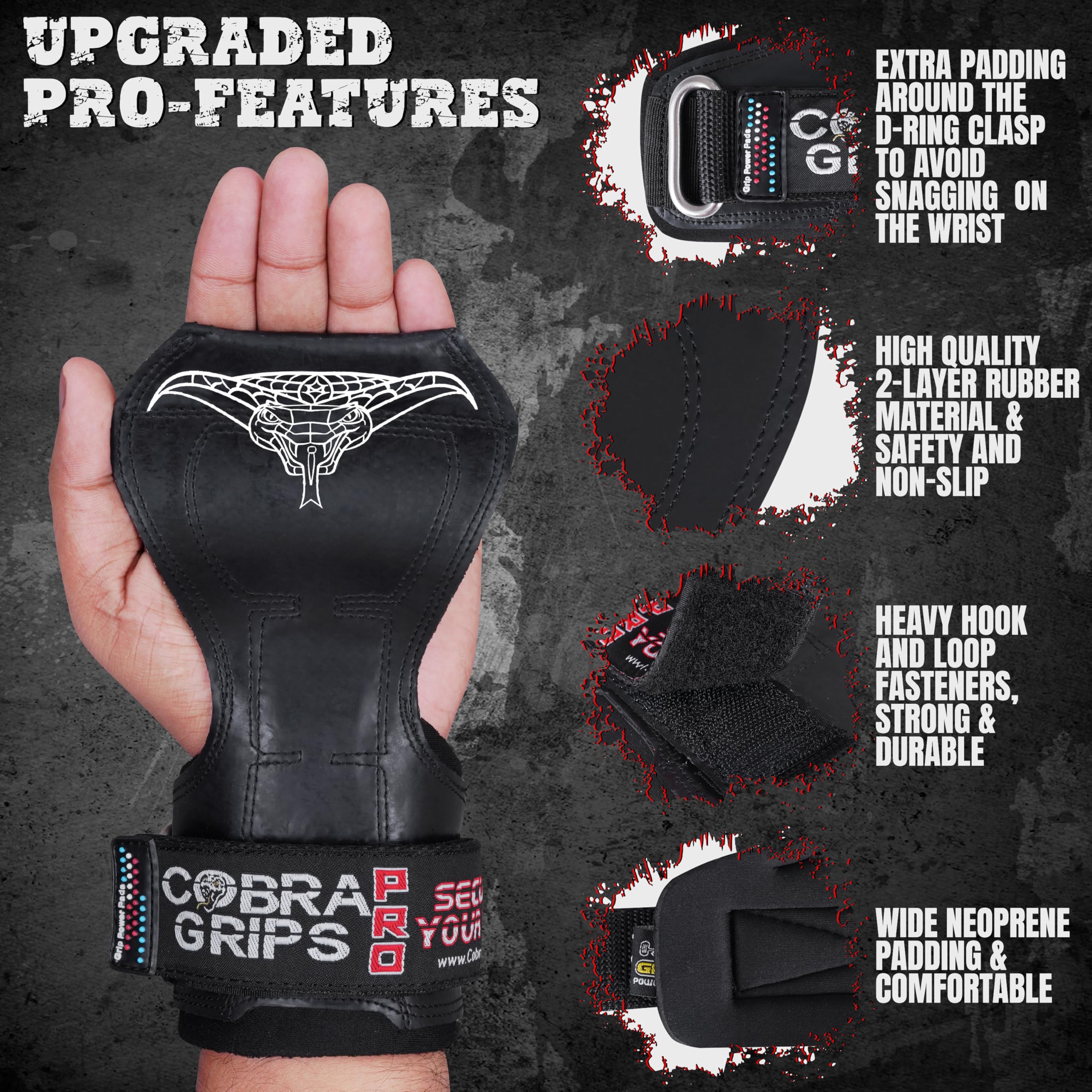 Cobra Grips PRO Weight Lifting Gloves, Heavy Duty Straps, Alternative to Power Lifting Hooks, for Deadlifts with Built in Adjustable Neoprene Padded Wrist Wrap Support - Image 4