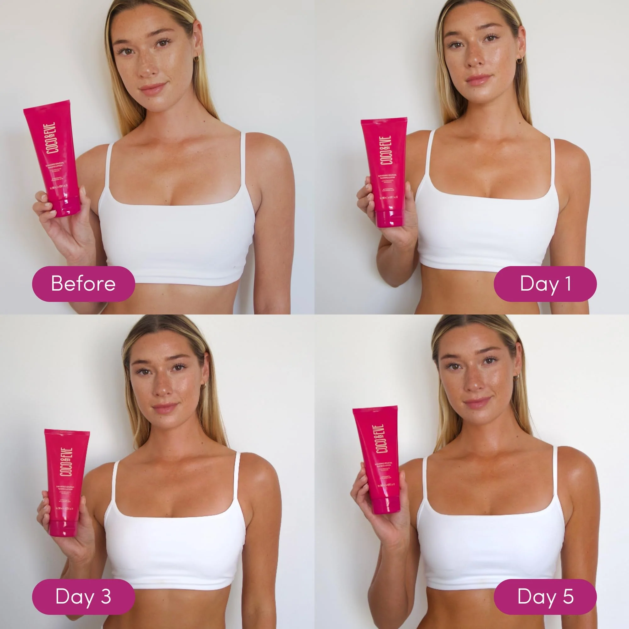 Coco & Eve Sun-kissed Gradual Tanning Lotion - Natural Sunless Moisturizing Tanner with 72H Hydration & Streak-Free, Buildable Glow. Skincare-Infused with Antioxidants and Hyaluronic Acid (6.76 fl oz) - Image 7