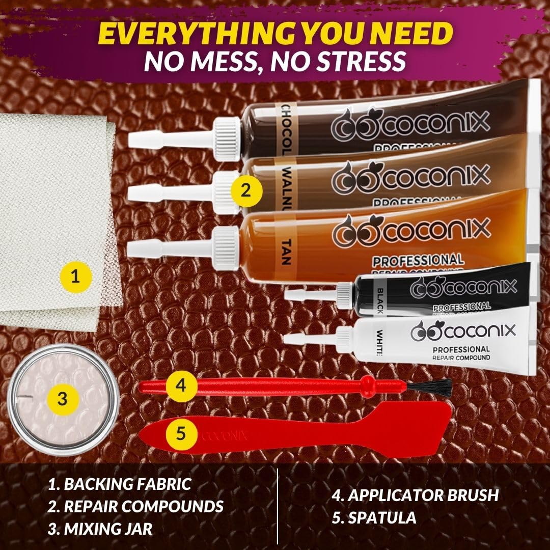 COCONIX Leather & Vinyl Repair Kit - Brown & Shades | Fix Tears, Holes, Scratches, and Peeling on Leather and Vinyl Furniture, Car Seats, and Jackets | Easy Application with Customizable Colors - Image 7