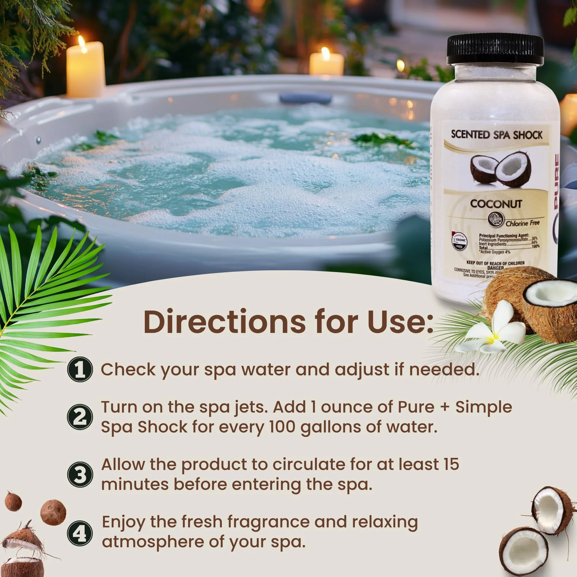 Coconut Aromatherapy Spa Shock for Hot Tubs & Spas | Non-Chlorine Oxidizing Hot Tub Shock Treatment | Compatible with Bromine Tablets & Chlorine | Neutralizes Odors & Clarifies Water (2 lbs) - Image 3