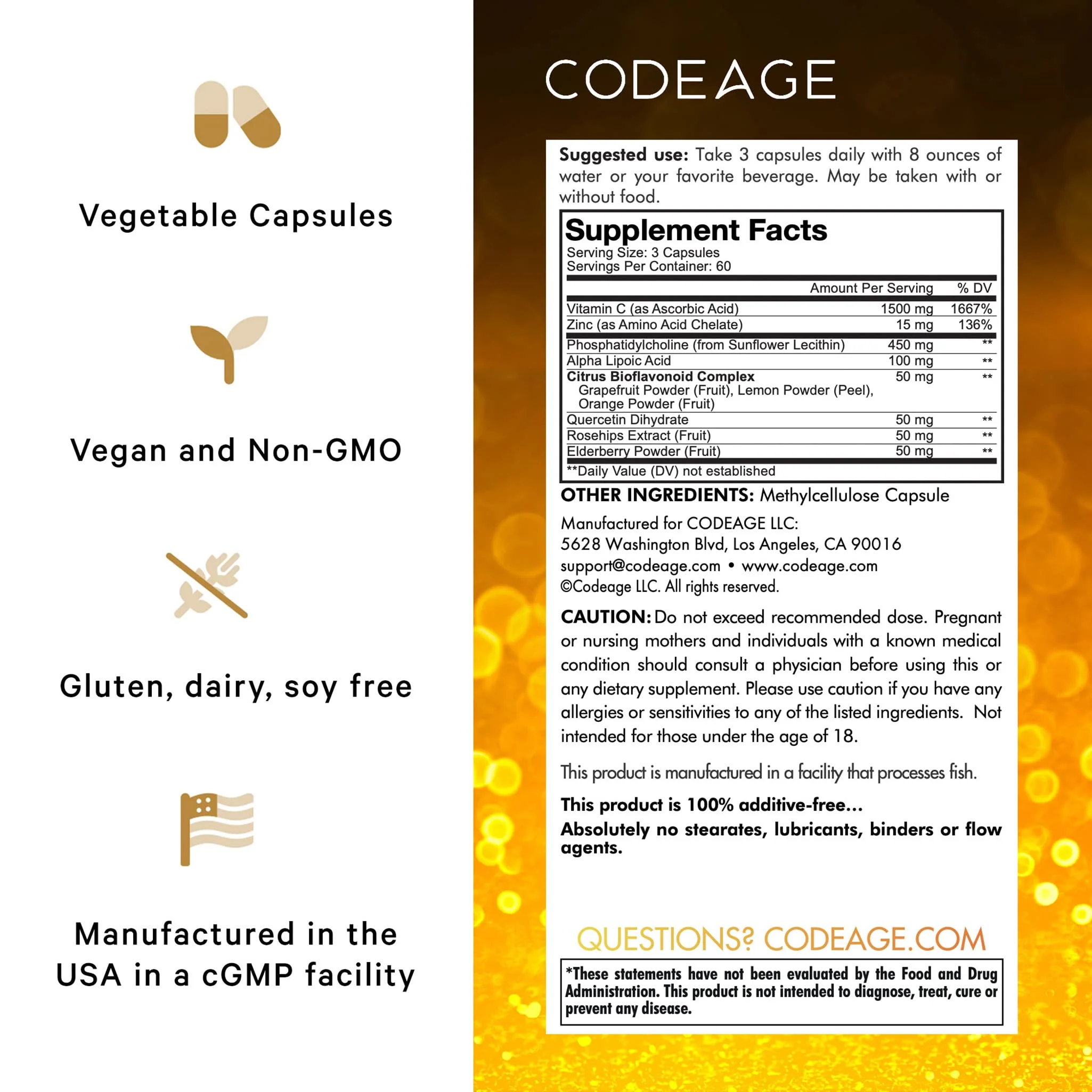 Codeage Liposomal Vitamin C 1500mg with Zinc, Elderberry, Citrus Bioflavonoids Grapefruit, Lemon, Orange Powder, Quercetin & Rose Hips Fruit – Vegan Supplement - Non-GMO, Vegan Pills - 2 Pack - Image 8