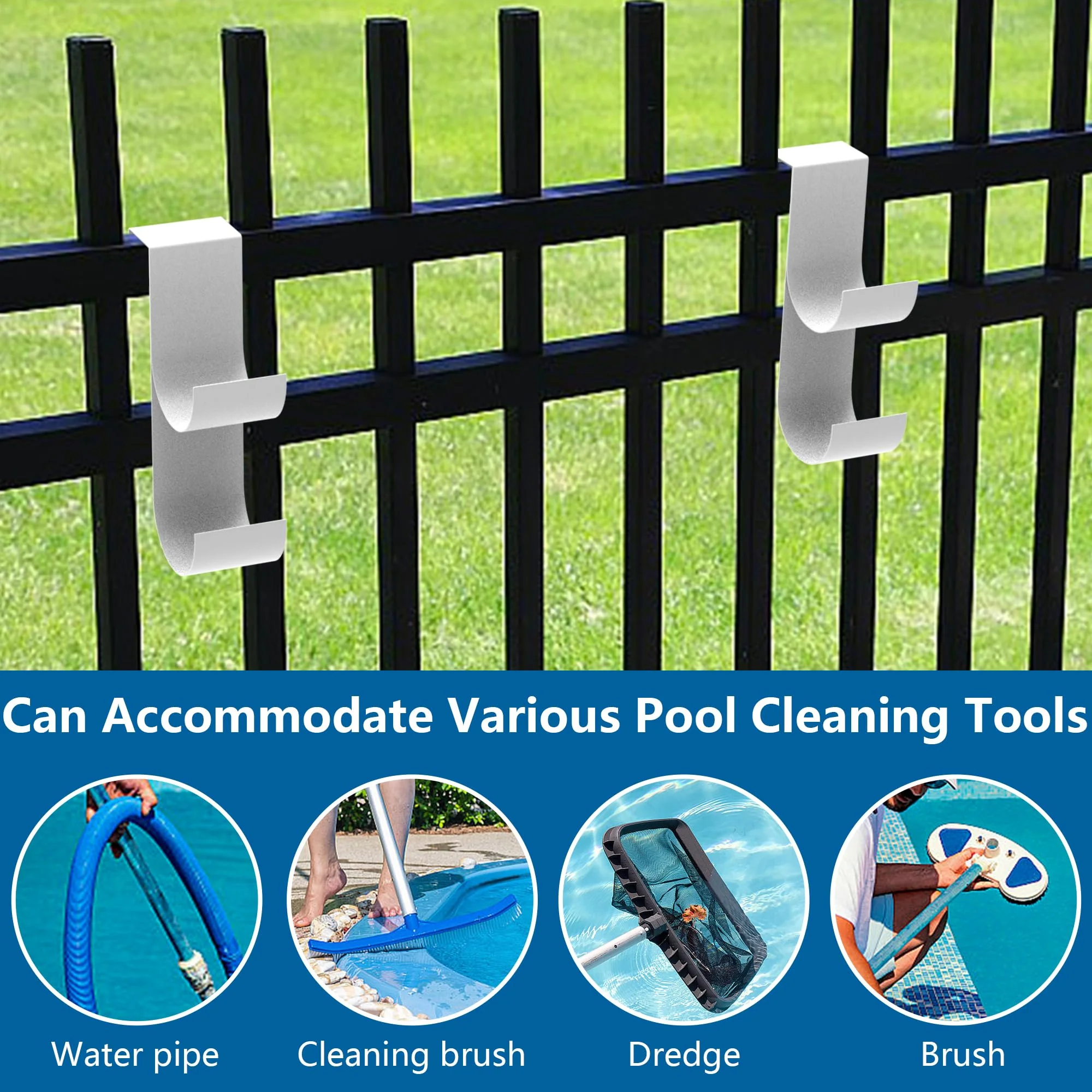 codree 2 PCS Pool Fence Hooks for Pool Equipment, White Heavy Duty Fence Hooks for Pool Poles, Slipe-on Fence Hanger for Pool Hose Pool Skimmer, Fit 3/4 Inch to 1-1/4 inch Railing - Image 3