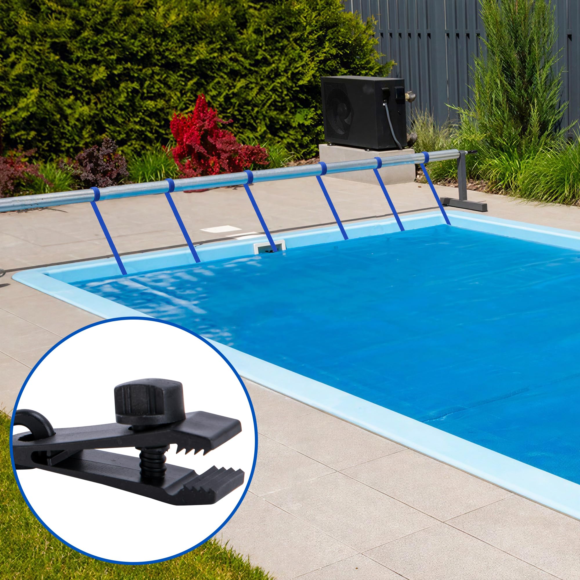 codree 24 Pcs Pool Solar Cover Reel Attachment Kit, Inground Swimming Pool Solar Cover Straps and Clips, Solar Blanket Strap Kit Including 8 Straps with Hooks, 8 Clips and 8 Touch Fastener (Blue) - Image 2