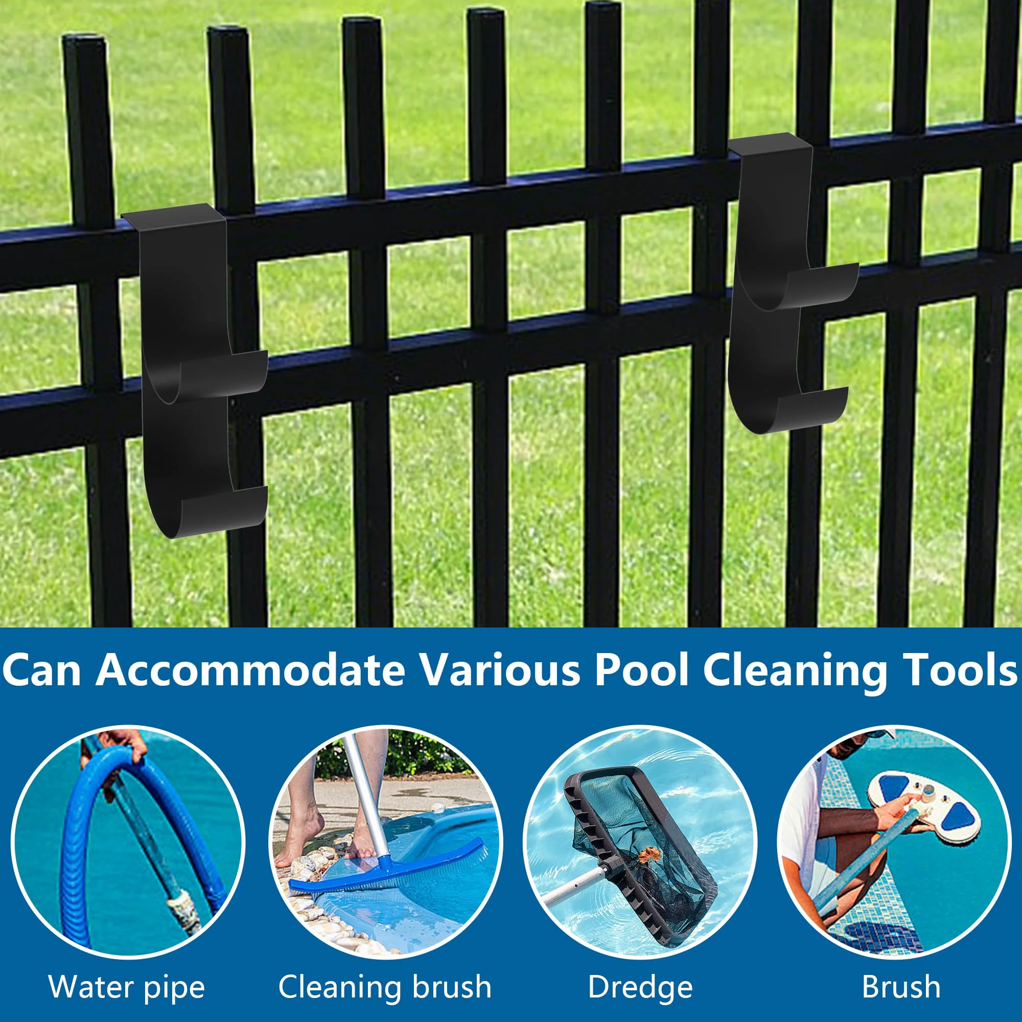 codree 4 Pcs Pool Fence Hooks for Pool Equipment, Black Heavy Duty Fence Hooks for Pool Poles, Slipe-on Fences Hanger for Pools Hose Pools Skimmer, Fit 3/4 Inch to 1-1/4 inch Railing - Image 3