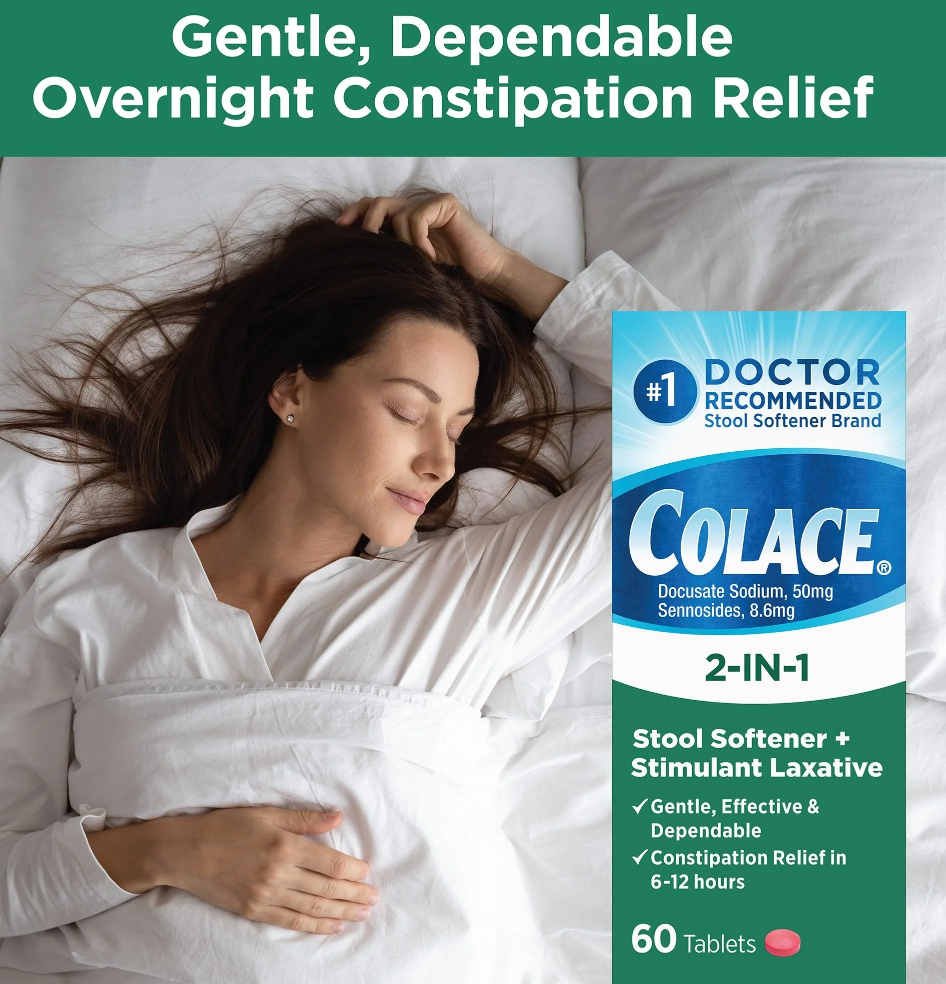 Colace 2-in-1 Stool Softener Plus Stimulant Laxative Tablets, 60 Count (Pack of 1), Gentle Constipation Relief, Docusate Sodium Plus Sennosides - Image 2