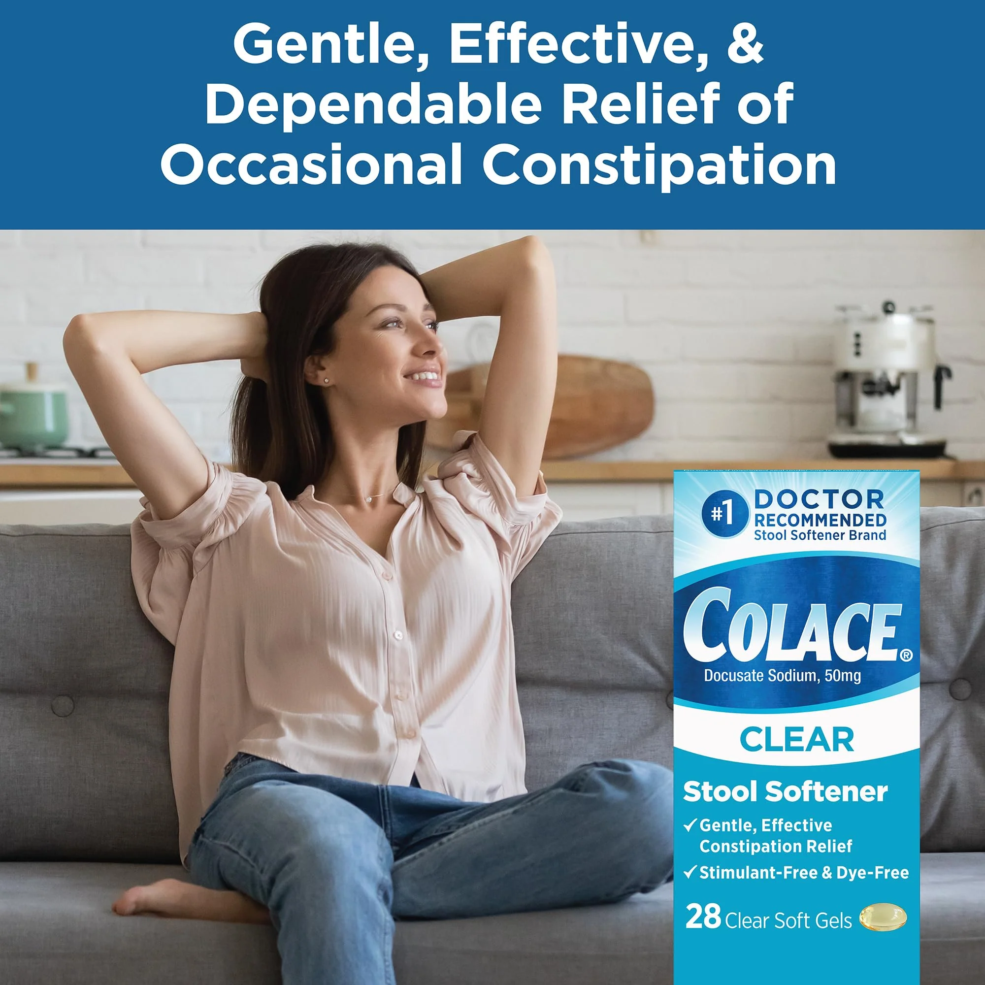 Colace Clear Stool Softener Soft Gel Capsules Constipation Relief 50mg Docusate Sodium Doctor Recommended 28ct - Image 3