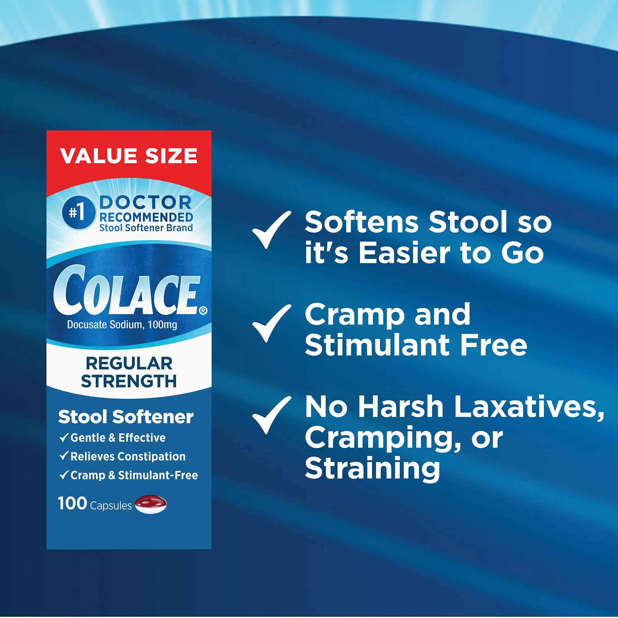 Colace Stool Softener 100 mg, 100 Capsules, Constipation Relief, Docusate Sodium, Gentle Docusate, Stimulant-Free, Regular Strength, #1 Doctor Recommended Stool Softener Brand - Image 4