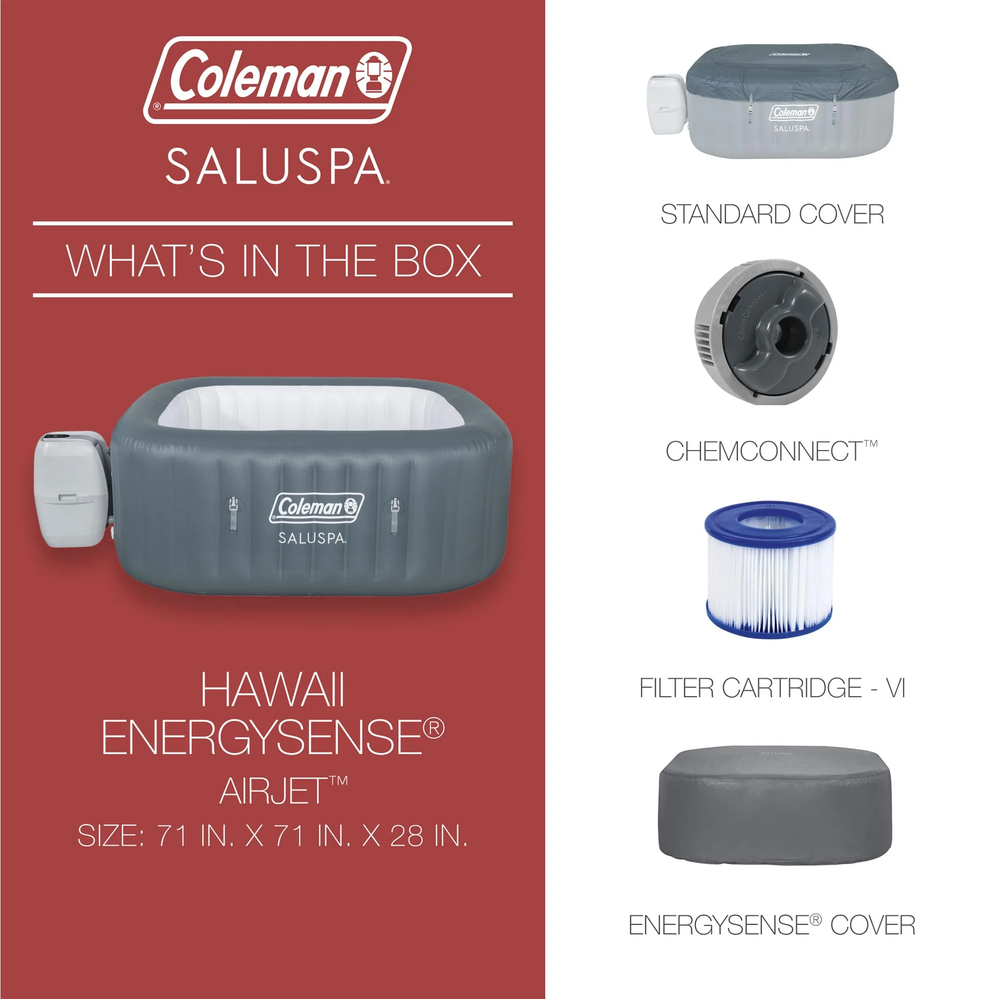 Coleman Hawaii AirJet Large Square 4 to 6 Person Inflatable Hot Tub Portable Outdoor Spa with 140 AirJets and EnergySense Cover, Grey - Image 6