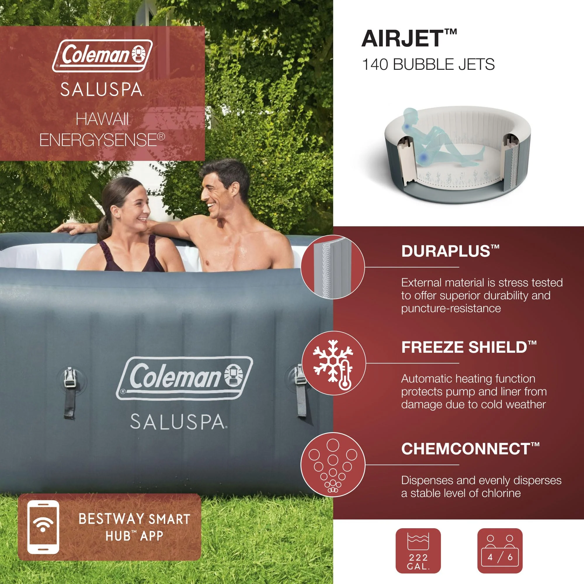 Coleman Hawaii AirJet Large Square 4 to 6 Person Inflatable Hot Tub Portable Outdoor Spa with 140 AirJets and EnergySense Cover, Grey - Image 8