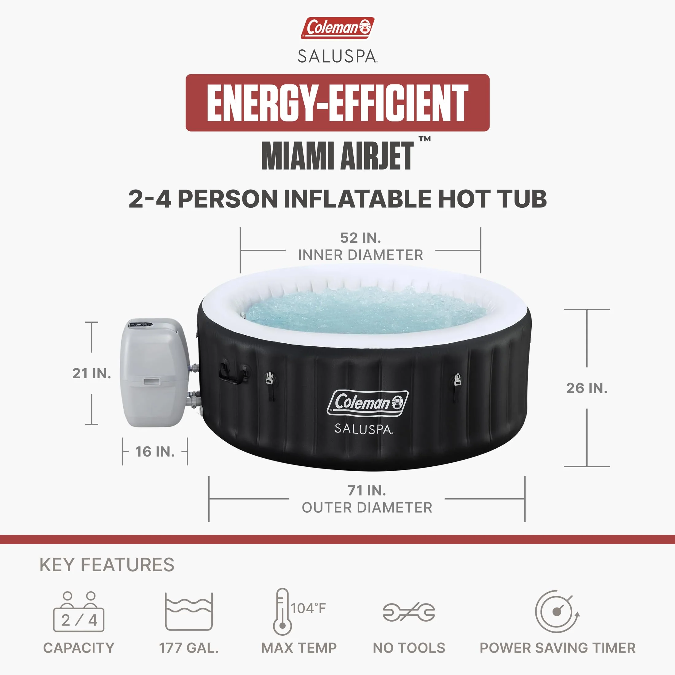 Coleman Miami 2 to 4 Person Inflatable Hot Tub, Round Energy-Efficient Portable Outdoor Spa with 120 AirJets, 71" x 26" - Image 9