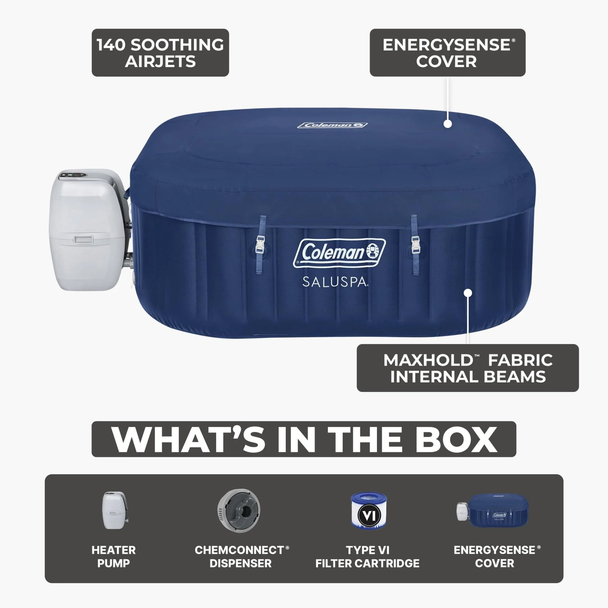 Coleman SaluSpa Atlantis AirJet Inflatable Hot Tub, 4 to 6 Person Square Portable Outdoor Spa with 140 Air Jets, App Control and EnergySense Insulated Cover, 71" x 28" - Image 7