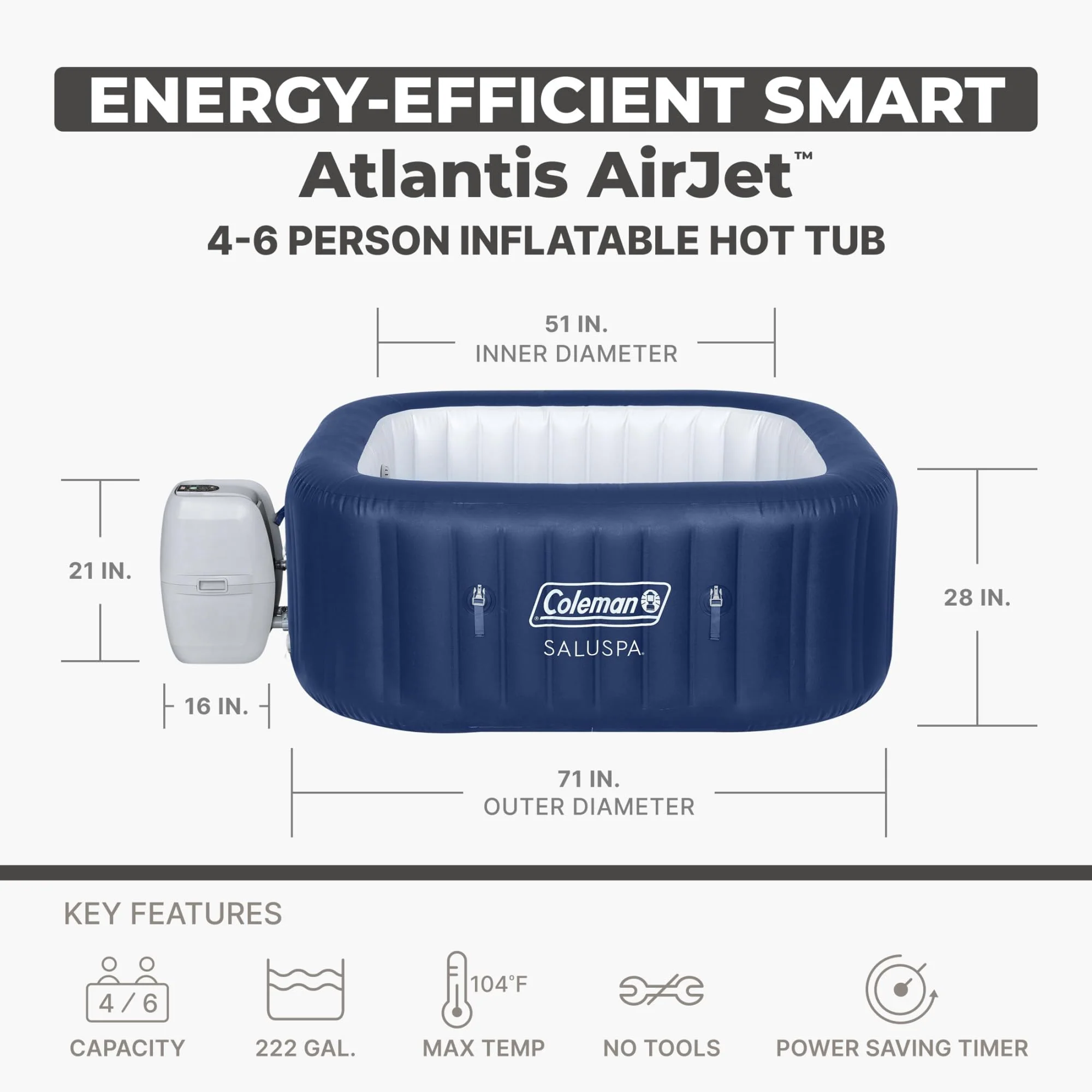 Coleman SaluSpa Atlantis AirJet Inflatable Hot Tub, 4 to 6 Person Square Portable Outdoor Spa with 140 Air Jets, App Control and EnergySense Insulated Cover, 71" x 28" - Image 8