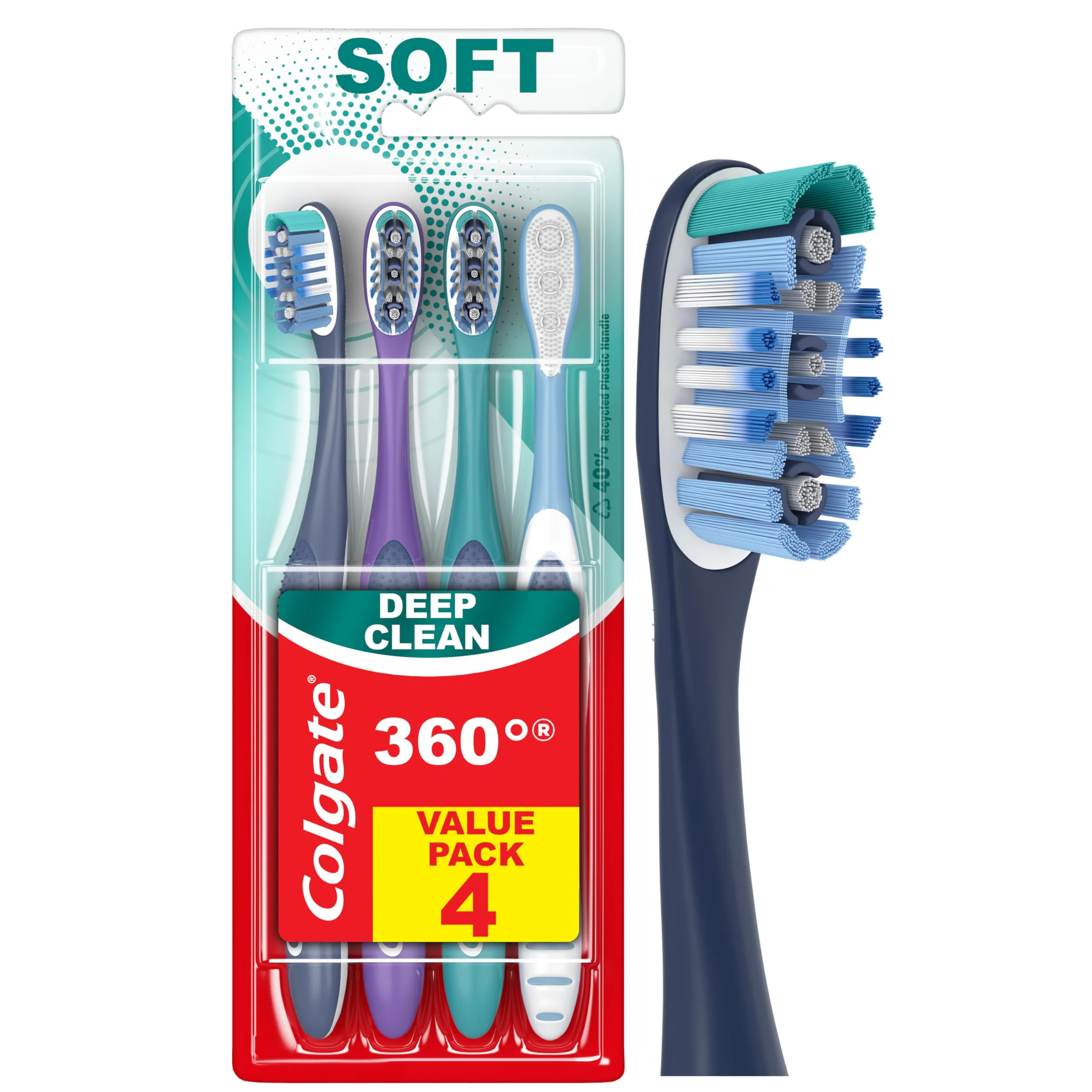 Colgate 360 Deep Clean Soft Toothbrush for 4 in 1 Bacterial Removal, Features Floss Tip Bristles and Tongue Cleaner, 4 Count