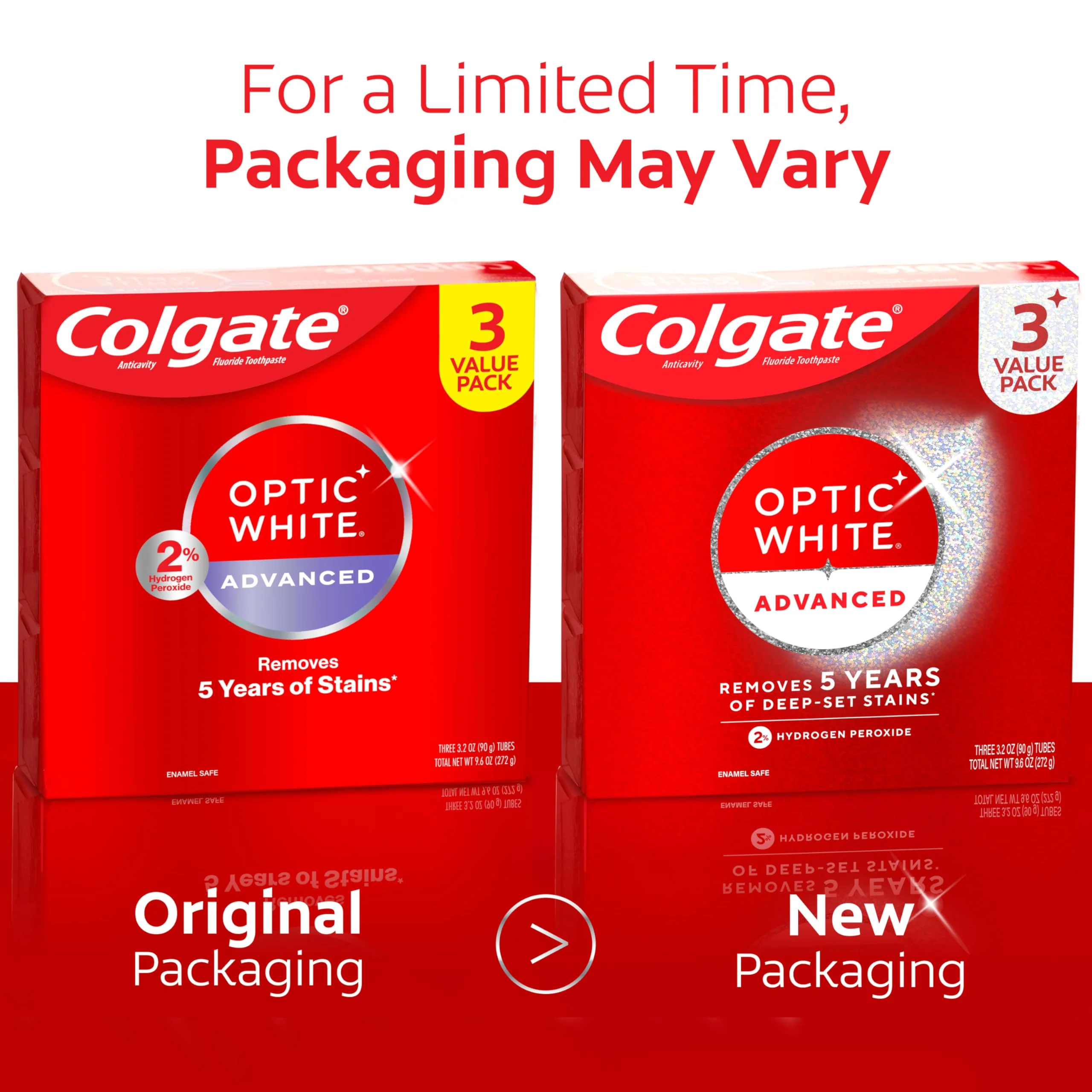 Colgate Optic White Advanced Hydrogen Peroxide Toothpaste, Teeth Whitening Toothpaste Pack, Enamel-Safe Formula, Helps Remove Tea, Coffee, and Wine Stains, Sparkling White, 3 Pack, 3.2 oz - Image 2