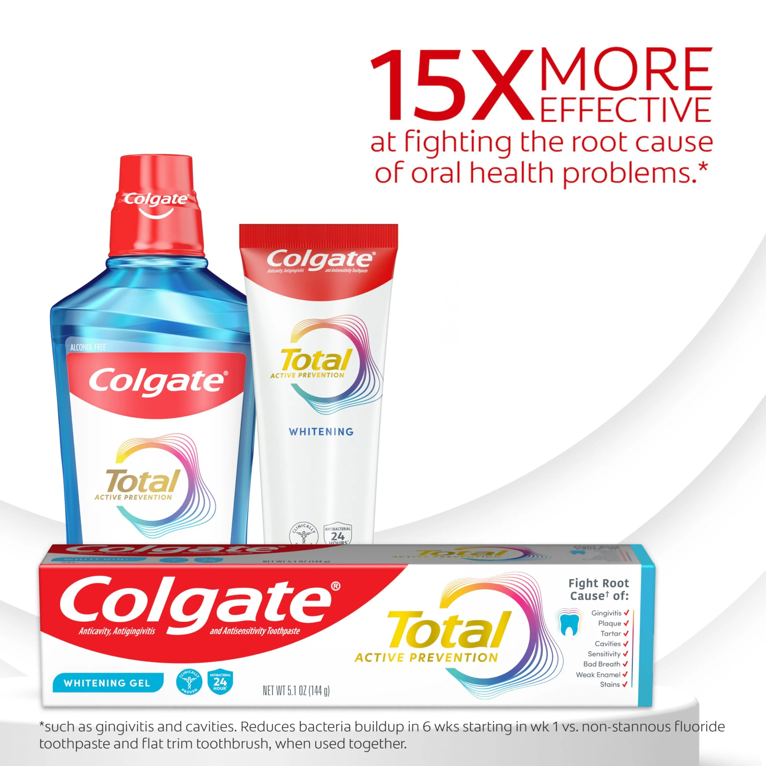 Colgate Total Active Prevention Whitening Gel Toothpaste with Fluoride, Bulk with Clinically Proven Formula That Fights Plaque Bacteria, Mint, 4 Pack, 5.1 oz - Image 3